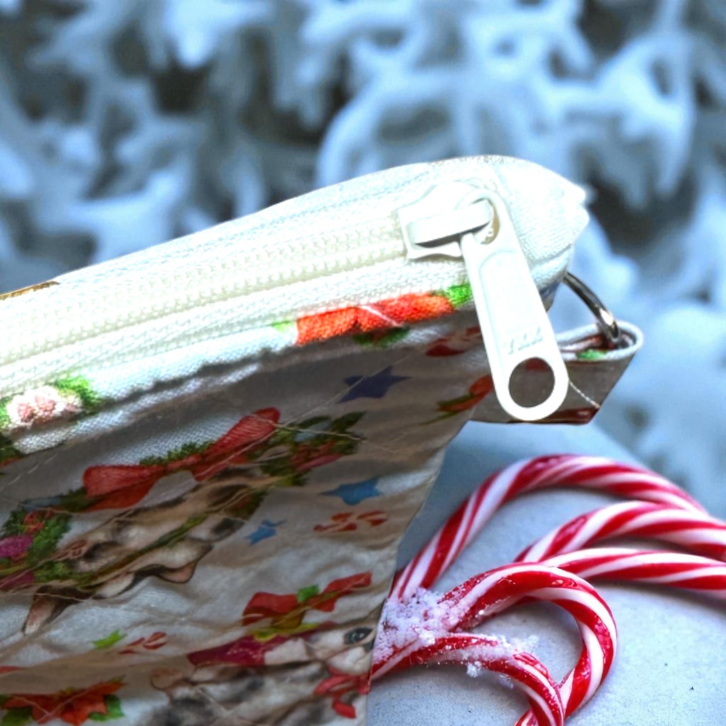 Holiday Cat Zipper Pouch 7×5 • Peppermint Lane Christmas Bag • Quilted Project Bag, Makeup Pouch with Pocket & Clip • Cargo Stitch Co