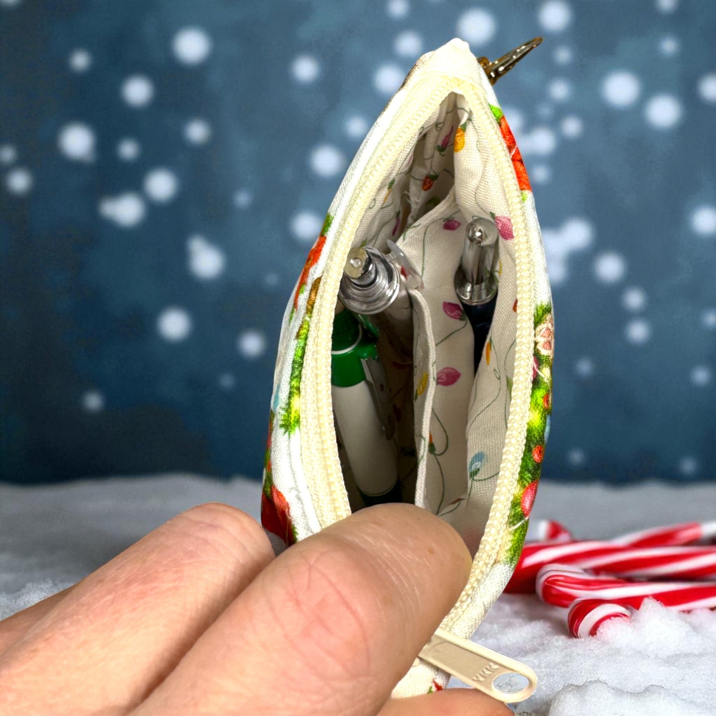 Holiday Cat Zipper Pouch 7×5 • Peppermint Lane Christmas Bag • Quilted Project Bag, Makeup Pouch with Pocket & Clip • Cargo Stitch Co