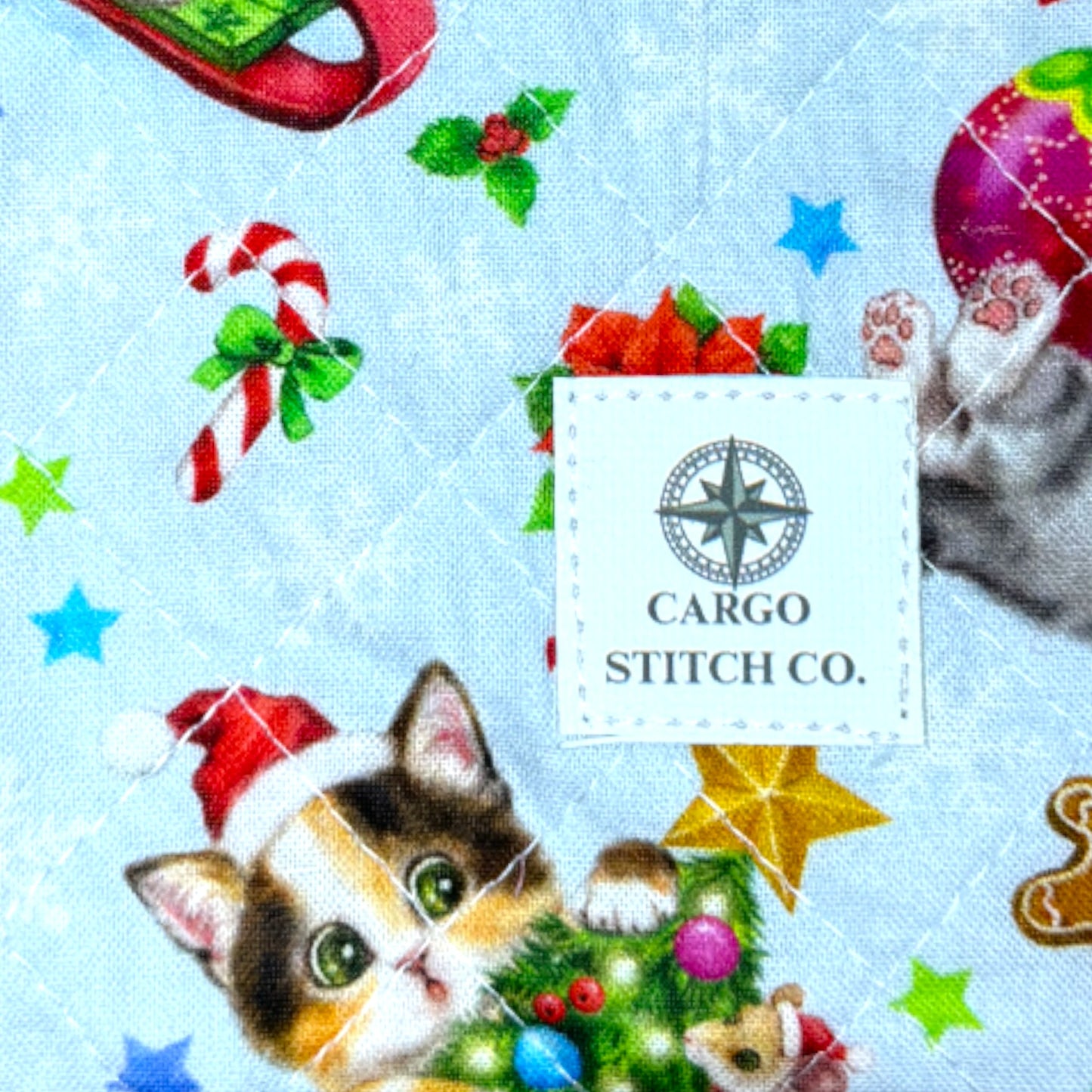 Holiday Cat Zipper Pouch 7×5 • Peppermint Lane Christmas Bag • Quilted Project Bag, Makeup Pouch with Pocket & Clip • Cargo Stitch Co