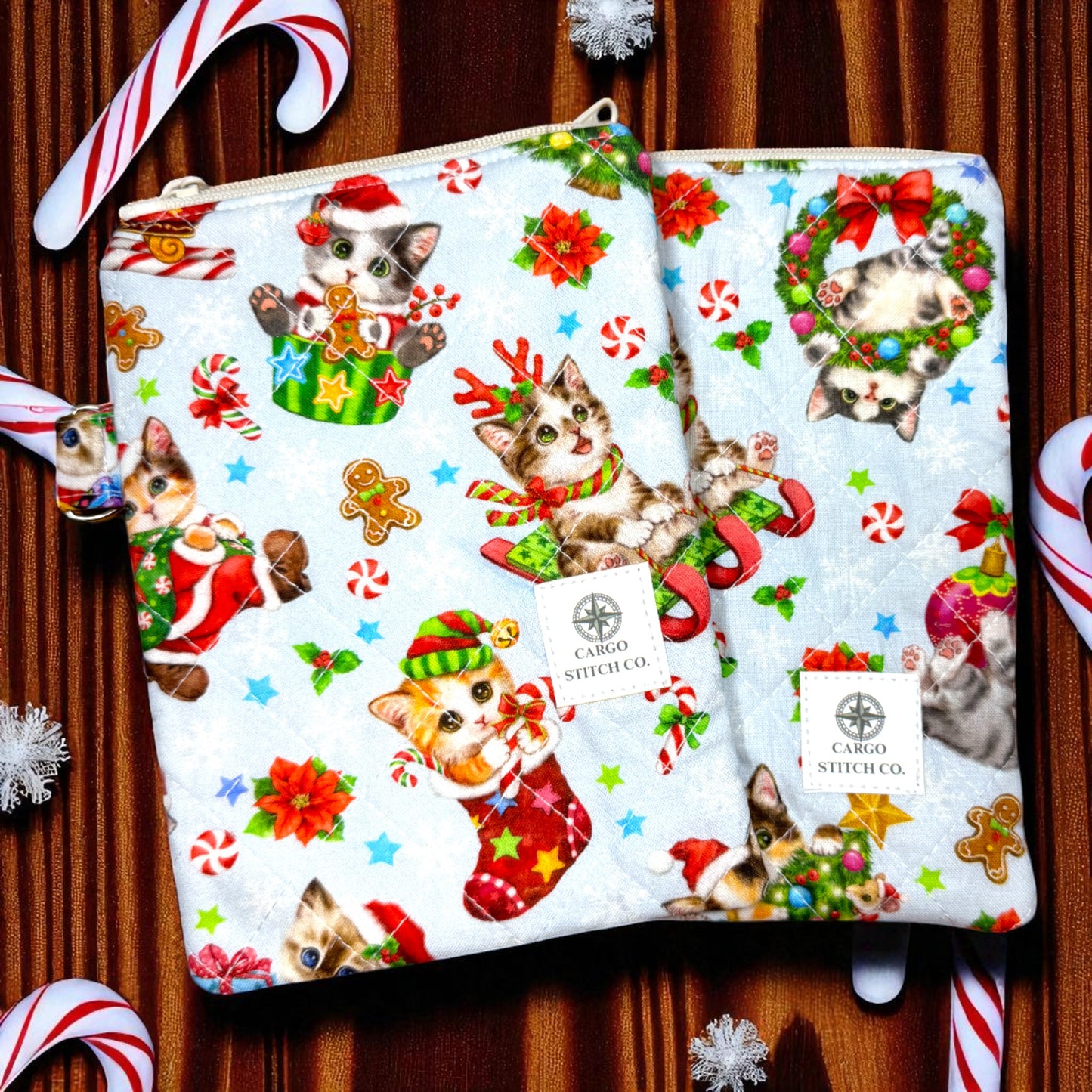 Holiday Cat Zipper Pouch 7×5 • Peppermint Lane Christmas Bag • Quilted Project Bag, Makeup Pouch with Pocket & Clip • Cargo Stitch Co