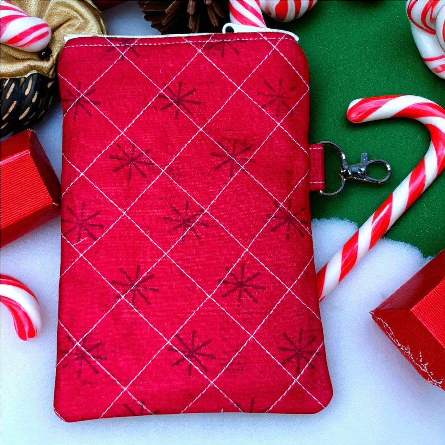 Red Ornament Zipper Pouch 7×5 • Peppermint Lane Christmas Bag • Quilted Project Bag, Makeup Pouch with Pocket & Clip • Cargo Stitch Co