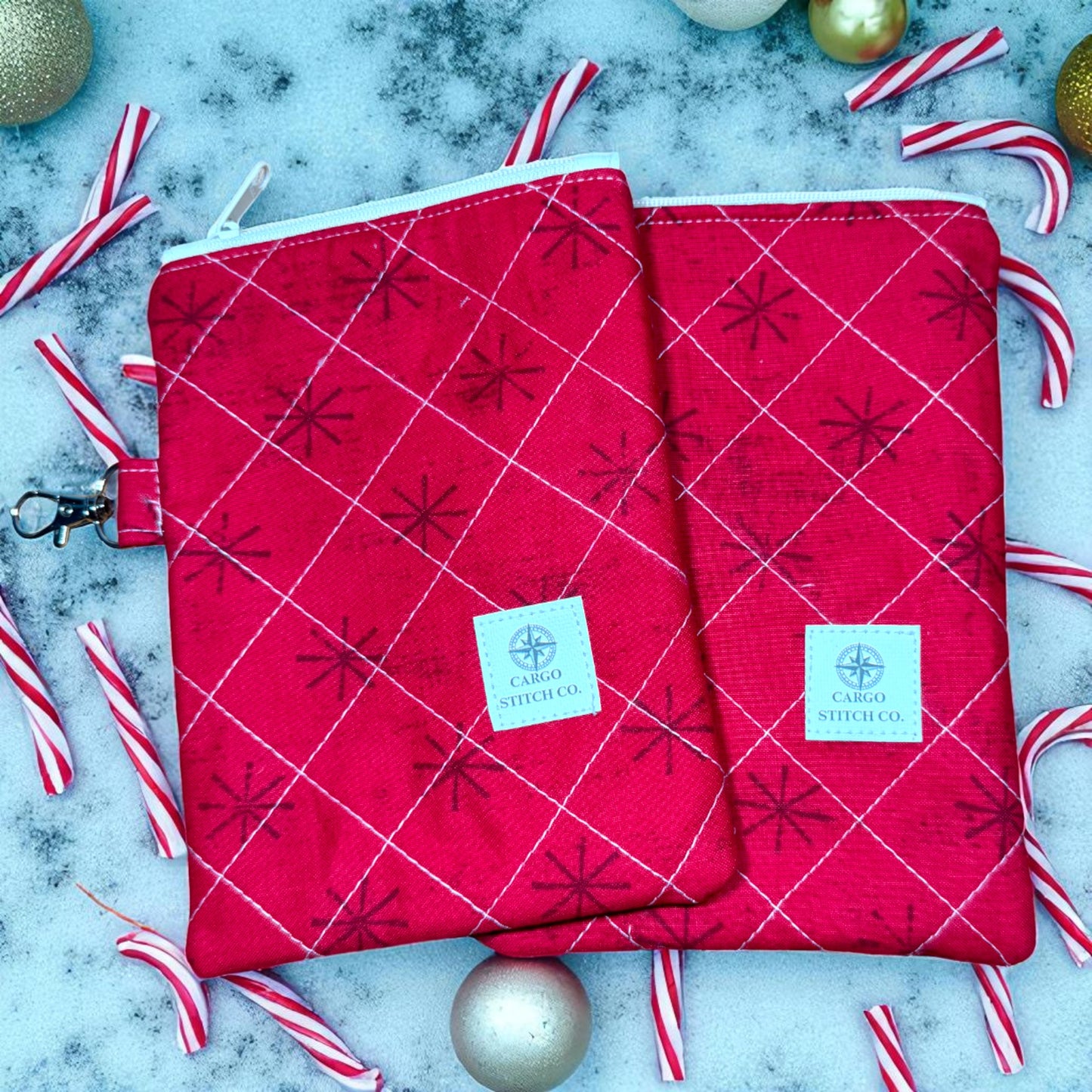 Red Ornament Zipper Pouch 7×5 • Peppermint Lane Christmas Bag • Quilted Project Bag, Makeup Pouch with Pocket & Clip • Cargo Stitch Co