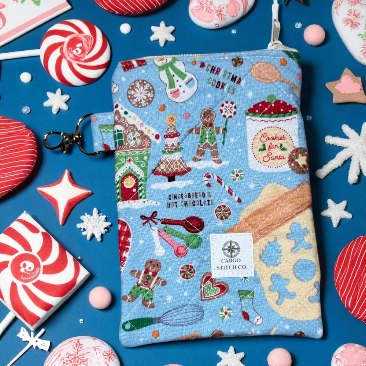 Christmas Pouch 3-Pack • Peppermint Lane Quilted Bag Bundle • Cat, Candy Cane, and Gingerbread Zipper Pouches with Pocket & Clip • Cargo Stitch Co