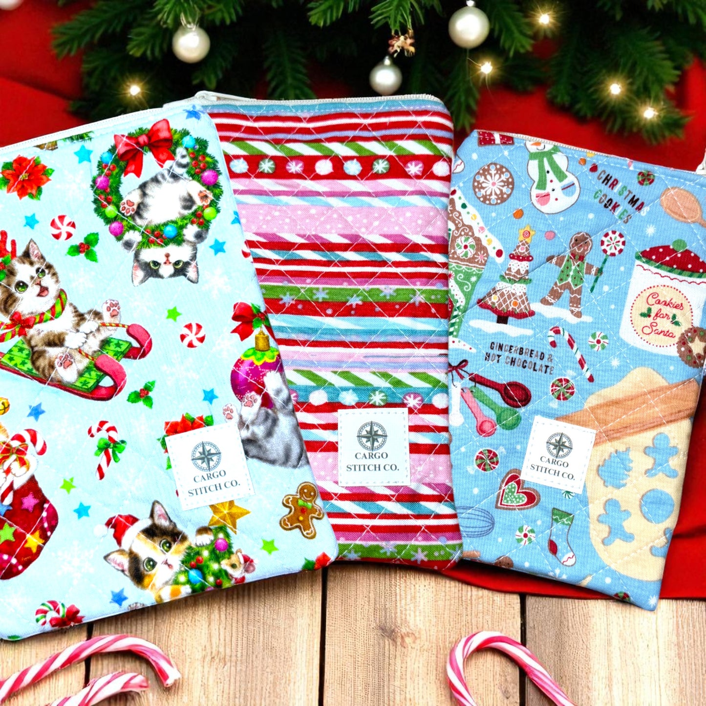 Christmas Pouch 3-Pack • Peppermint Lane Quilted Bag Bundle • Cat, Candy Cane, and Gingerbread Zipper Pouches with Pocket & Clip • Cargo Stitch Co