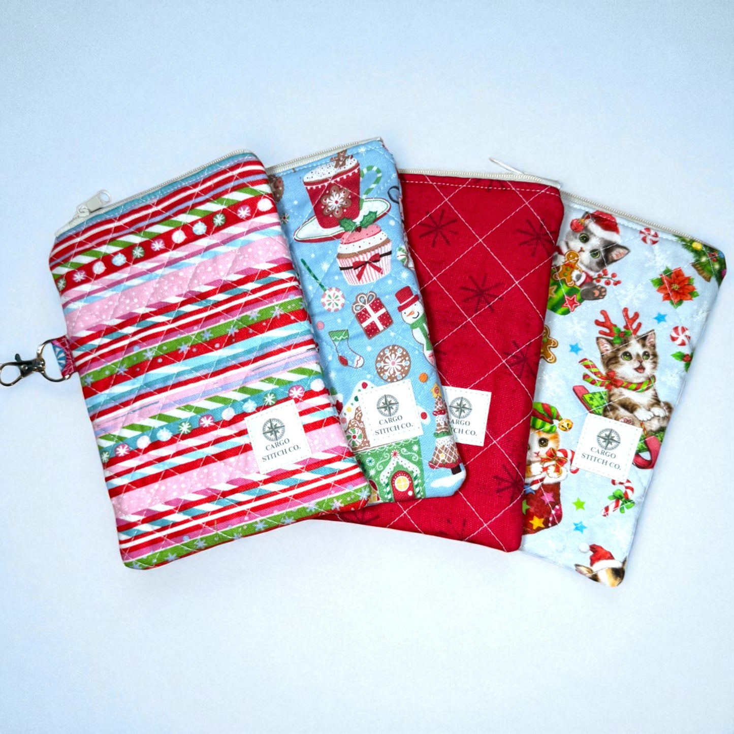 Red Ornament Zipper Pouch 7×5 • Peppermint Lane Christmas Bag • Quilted Project Bag, Makeup Pouch with Pocket & Clip • Cargo Stitch Co