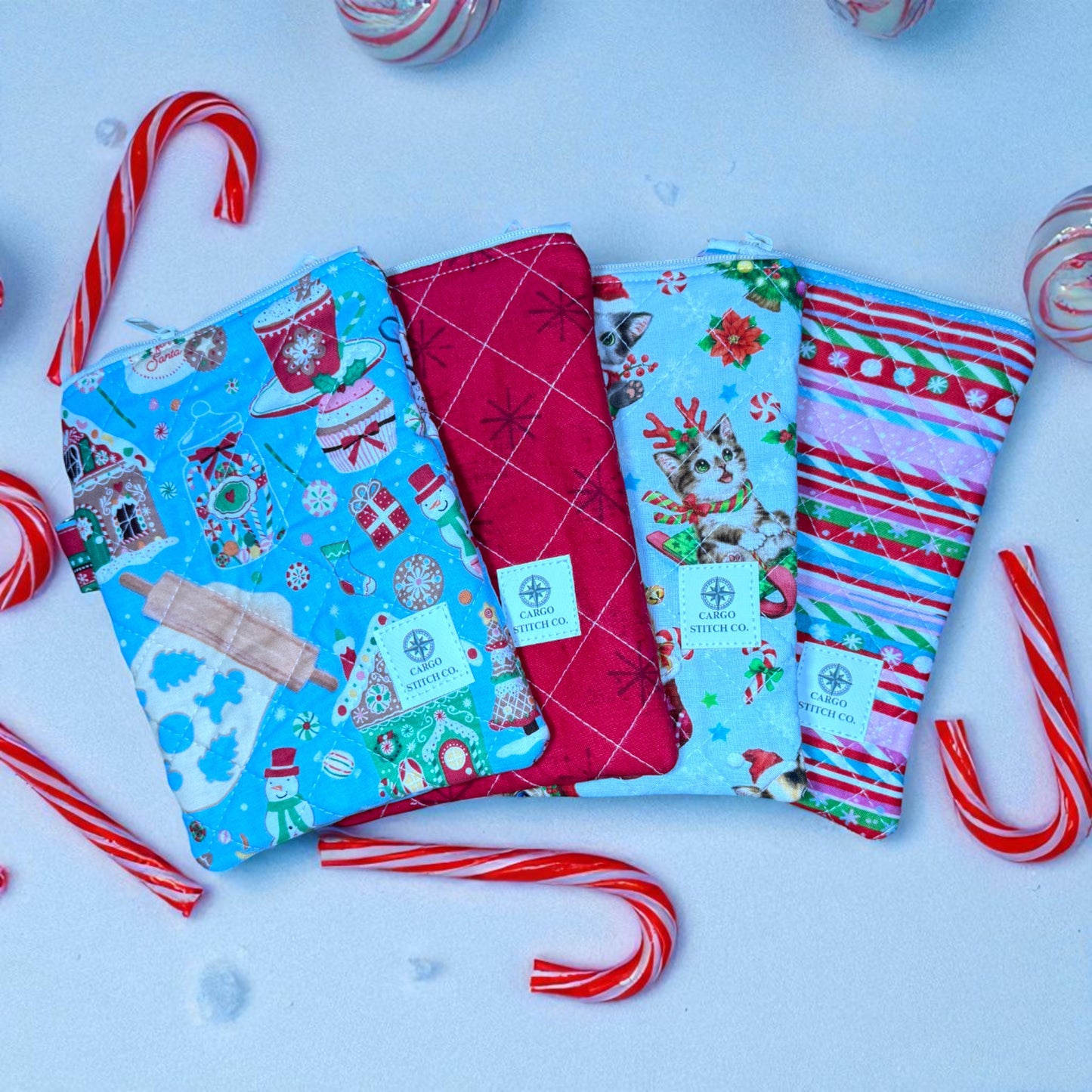 Holiday Cat Zipper Pouch 7×5 • Peppermint Lane Christmas Bag • Quilted Project Bag, Makeup Pouch with Pocket & Clip • Cargo Stitch Co