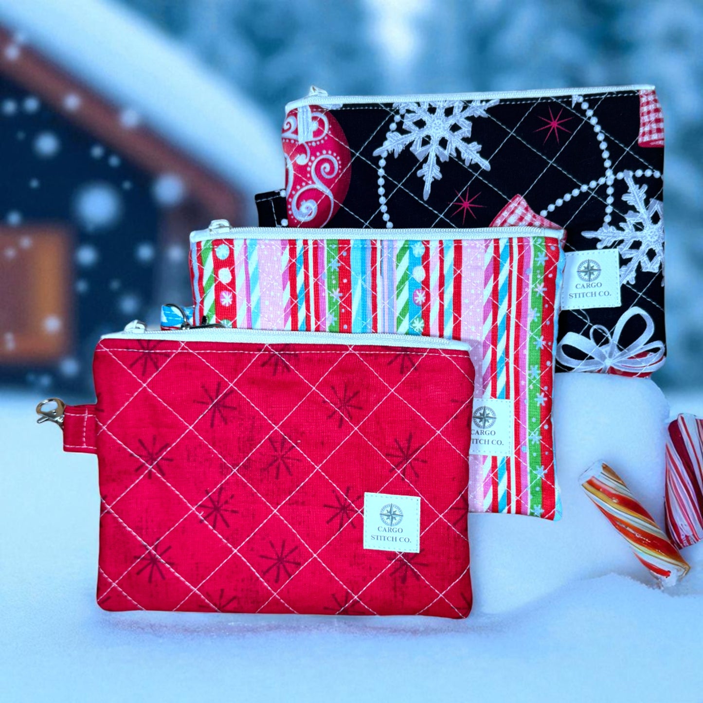 Red Ornament Zipper Pouch 7×5 • Peppermint Lane Christmas Bag • Quilted Project Bag, Makeup Pouch with Pocket & Clip • Cargo Stitch Co
