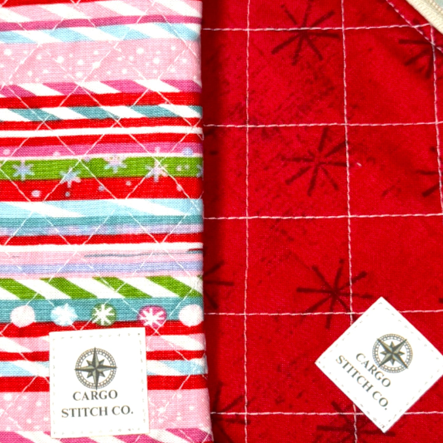 Red Ornament Zipper Pouch 7×5 • Peppermint Lane Christmas Bag • Quilted Project Bag, Makeup Pouch with Pocket & Clip • Cargo Stitch Co