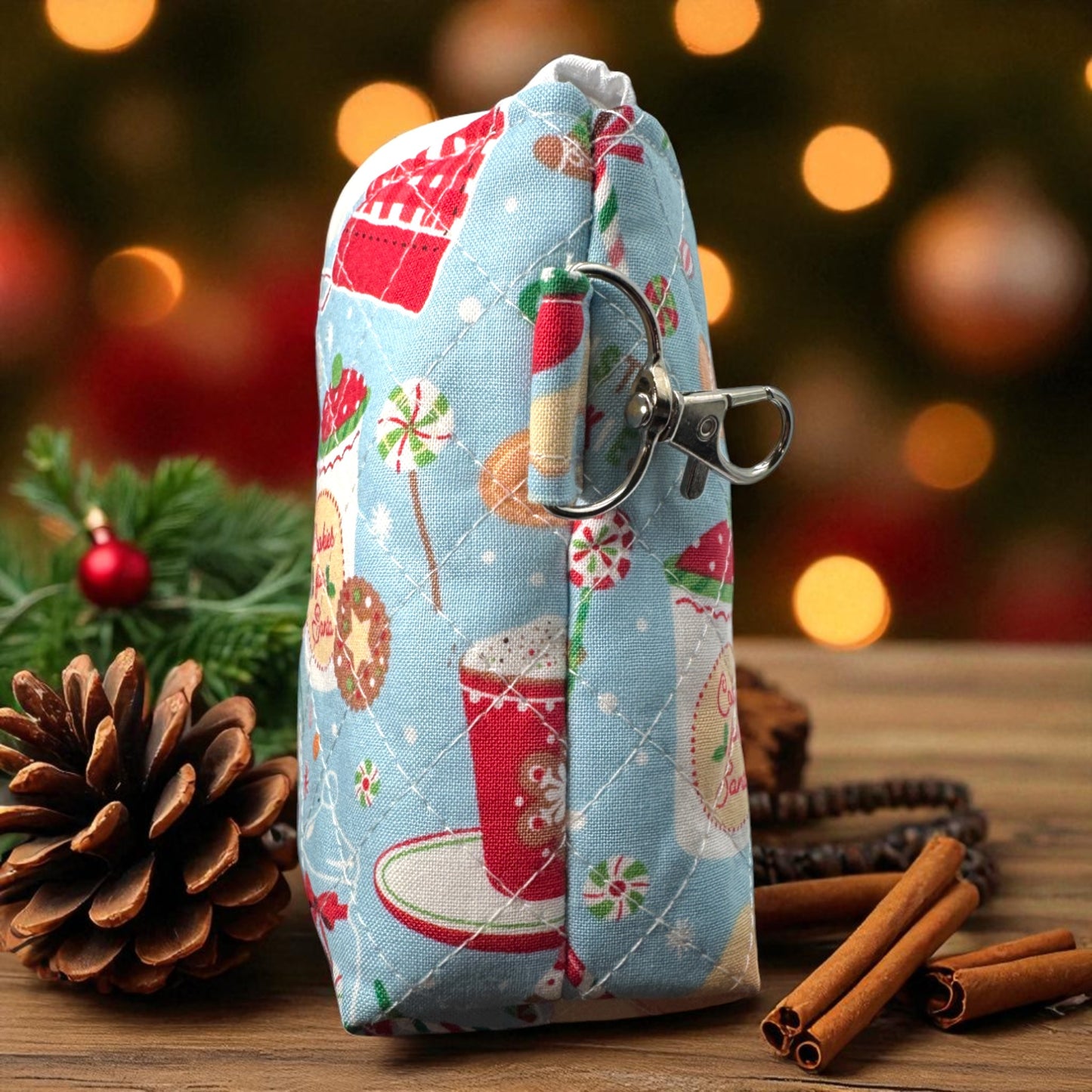 Christmas Zipper Pouch Set – 2 Quilted Bags with Pockets – Gingerbread Baking + Black Ornament – Handmade Gift by Cargo Stitch Co.