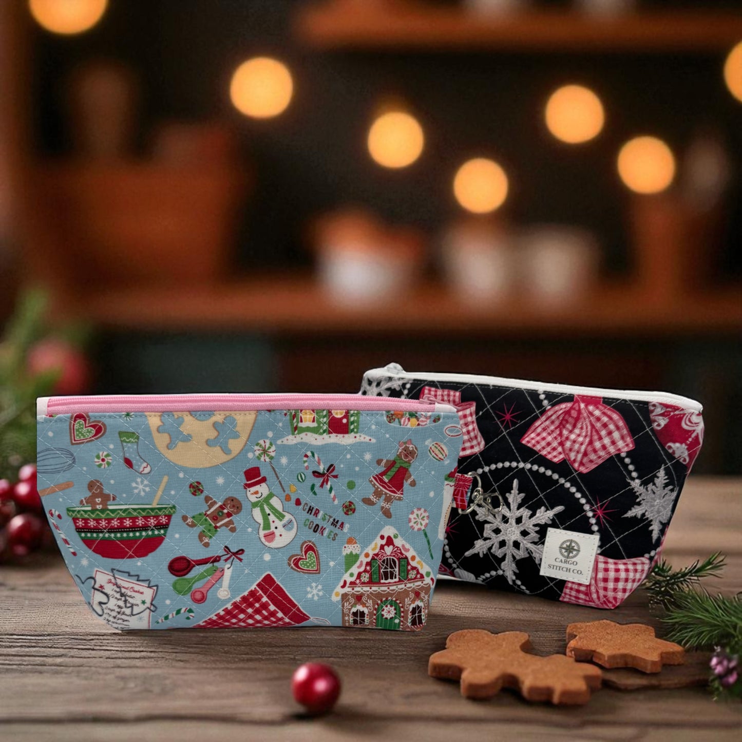 Christmas Zipper Pouch Set – 2 Quilted Bags with Pockets – Gingerbread Baking + Black Ornament – Handmade Gift by Cargo Stitch Co.