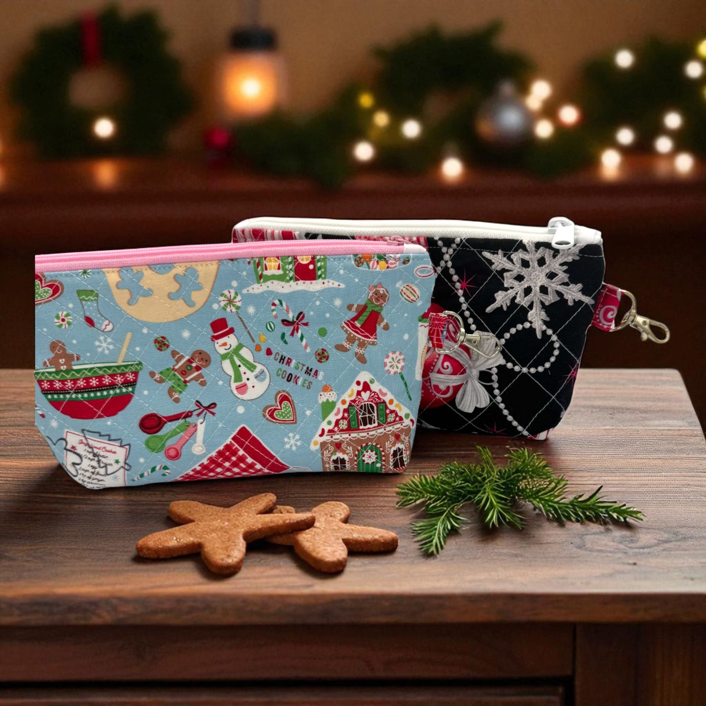 Christmas Zipper Pouch Set – 2 Quilted Bags with Pockets – Gingerbread Baking + Black Ornament – Handmade Gift by Cargo Stitch Co.