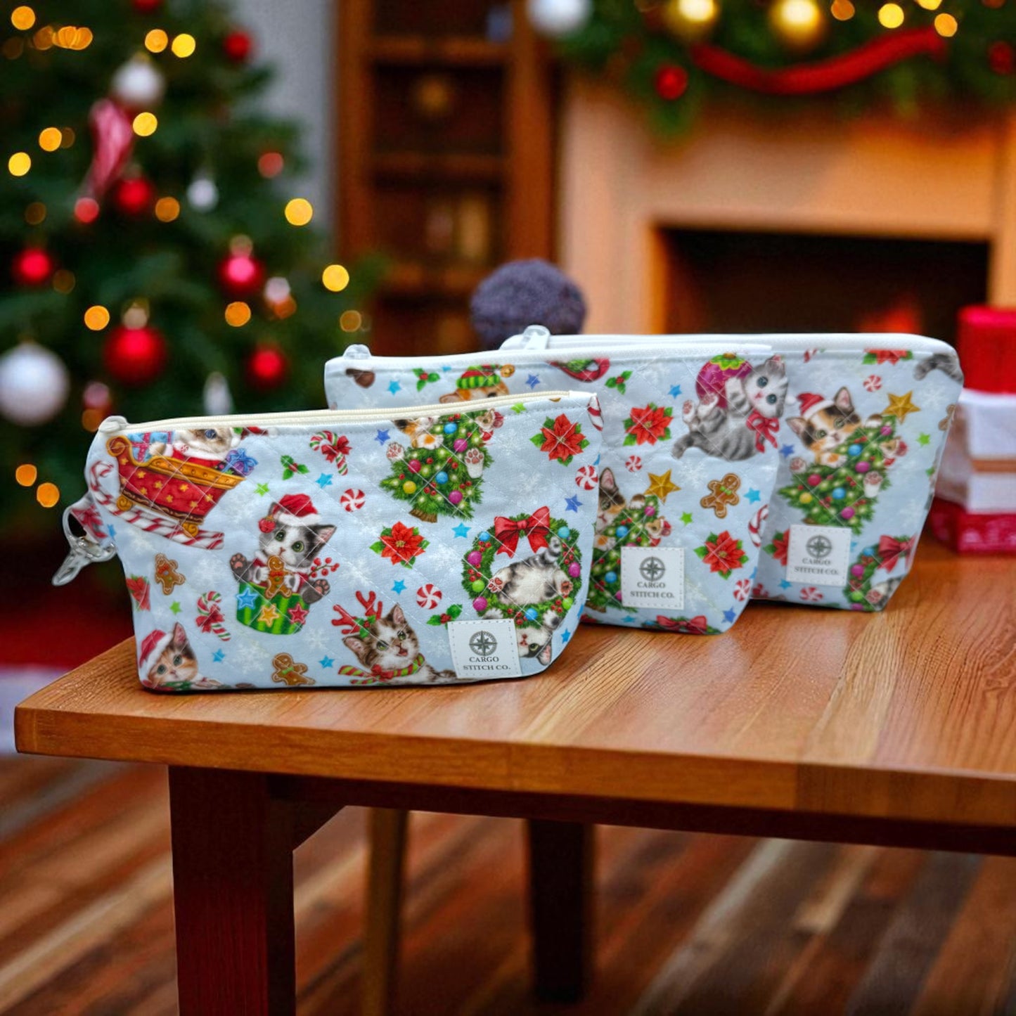 Maker’s Pouch Duo – Holiday Cat Parade Quilted Zipper Bag Set (With Yellow Chalk Marks)