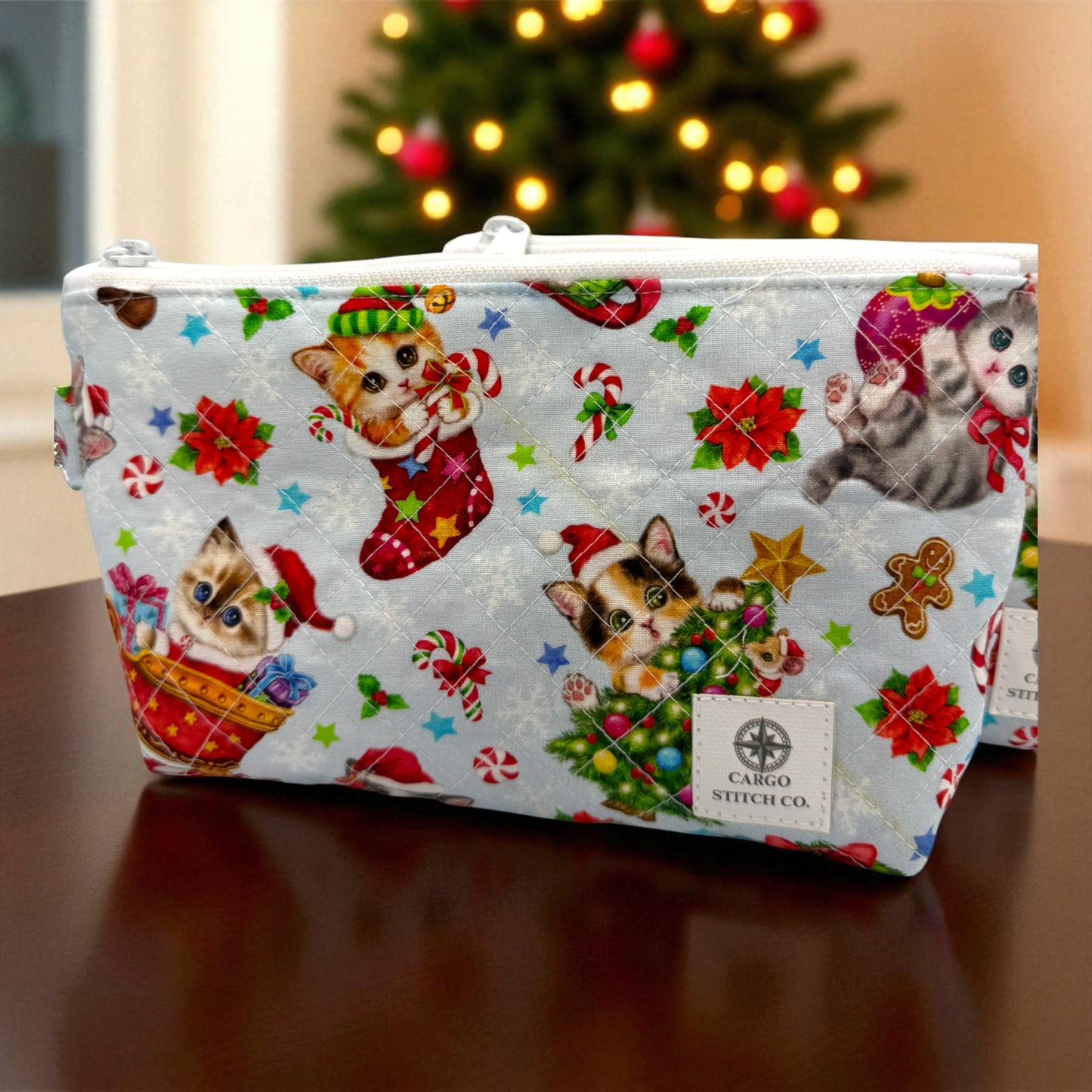 Maker’s Pouch Duo – Holiday Cat Parade Quilted Zipper Bag Set (With Yellow Chalk Marks)