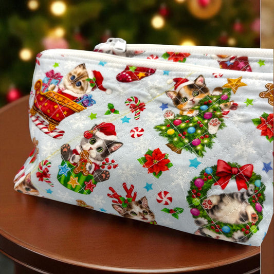 Maker’s Pouch Duo – Holiday Cat Parade Quilted Zipper Bag Set (With Yellow Chalk Marks)