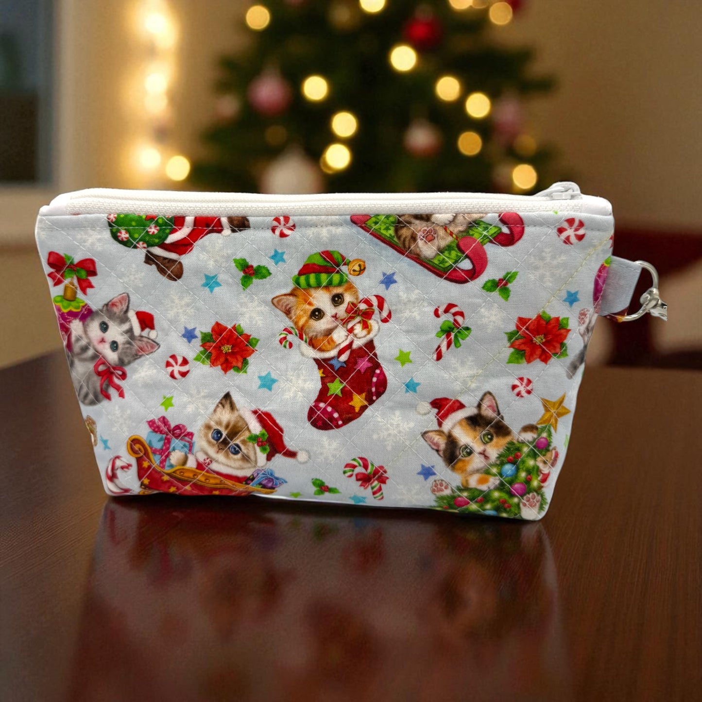 Maker’s Pouch Duo – Holiday Cat Parade Quilted Zipper Bag Set (With Yellow Chalk Marks)