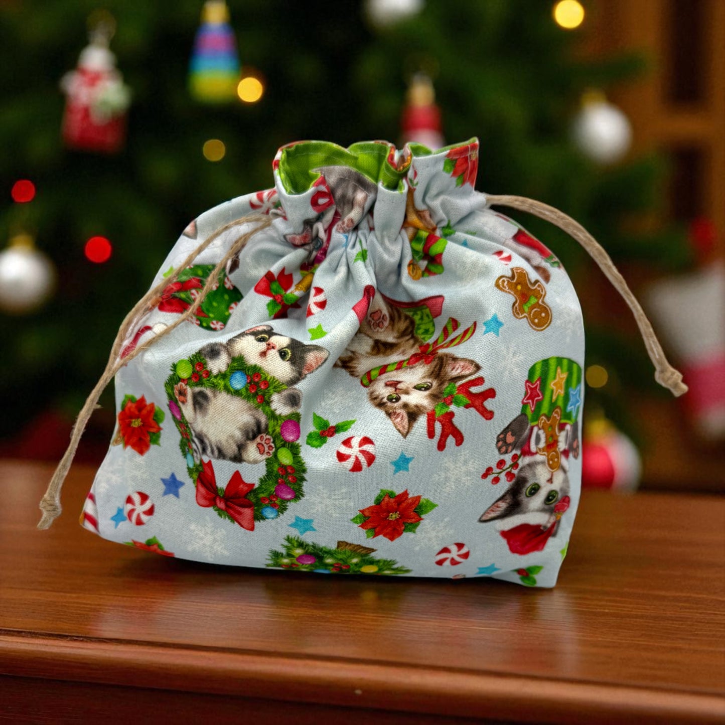 Holiday Cat Parade Drawstring Gift Bag – Medium Reusable Fabric Bag for Christmas, Stocking Stuffers, Pet Lovers