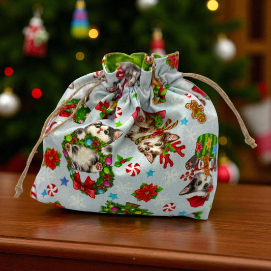 Holiday Cat Parade Drawstring Gift Bag – Medium Reusable Fabric Bag for Christmas, Stocking Stuffers, Pet Lovers