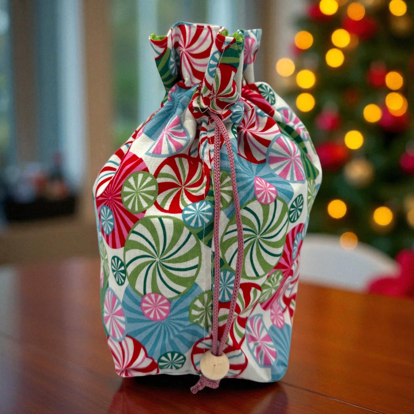 Peppermint Swirl Drawstring Gift Bag – Small Reusable Fabric Bag for Christmas, Stocking Stuffers, Holiday Wrapping
