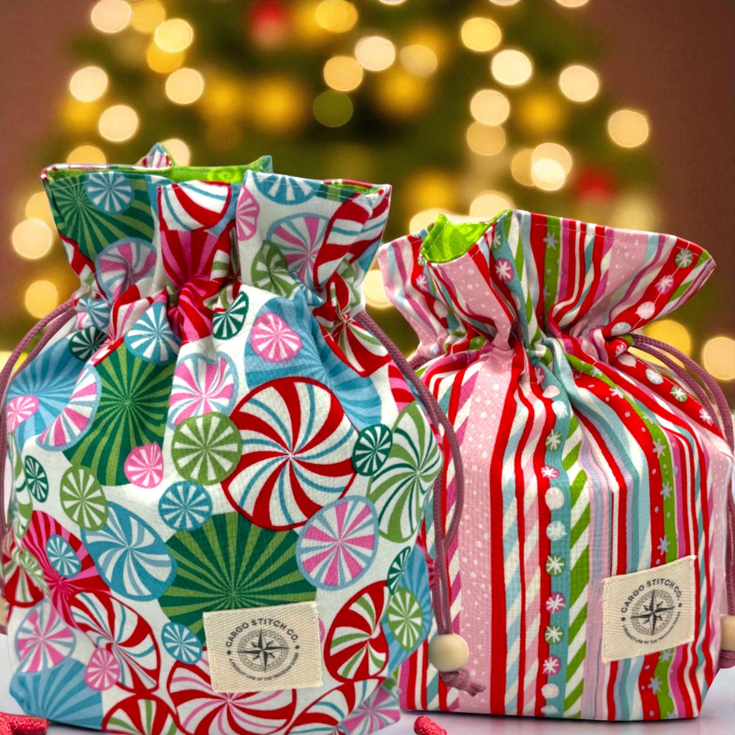 Holiday Gift Bag Set – Peppermint Lane (2025) Small Drawstring Duo – Peppermint Swirl & Candy Cane Stripe