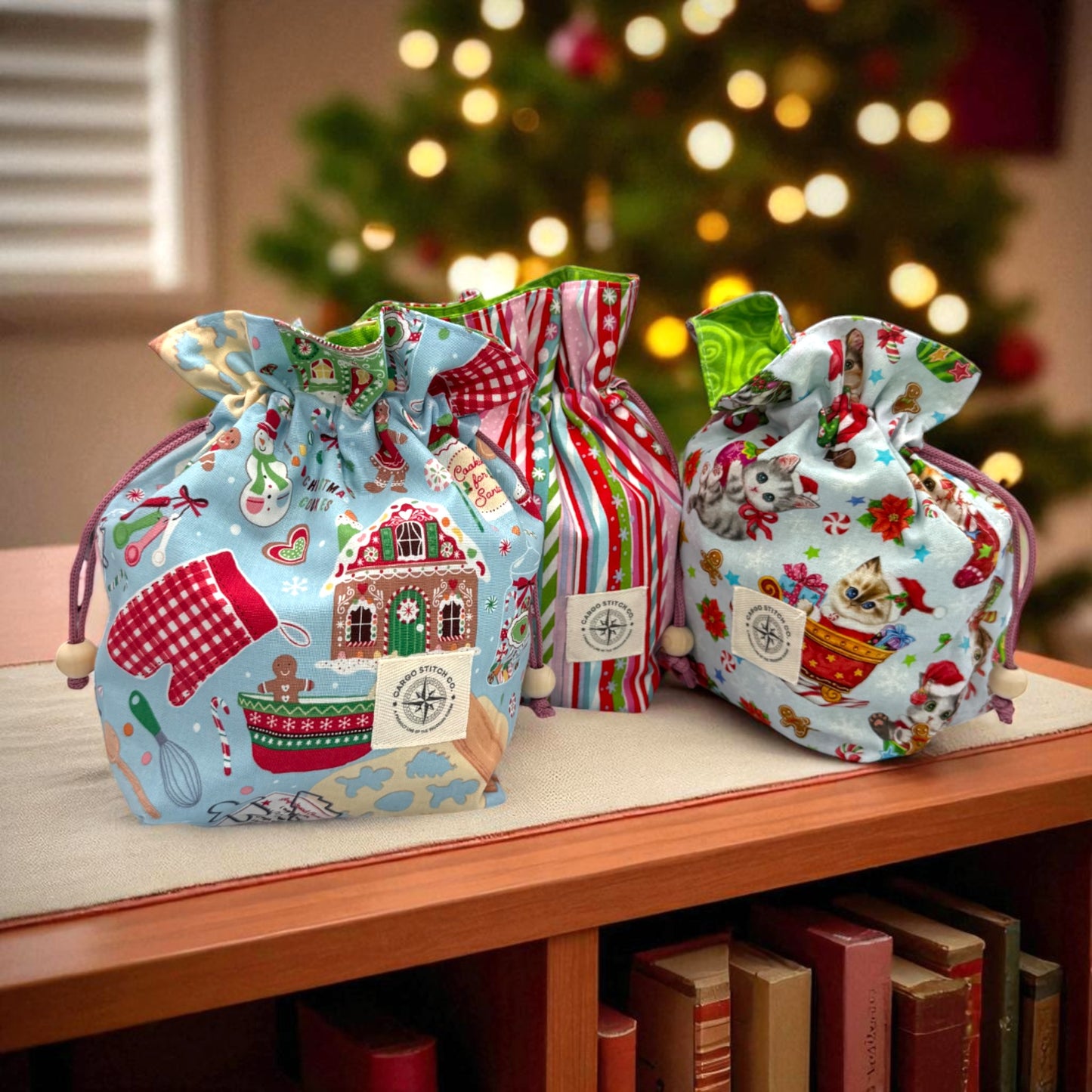 Gingerbread Drawstring Gift Bag – Small Reusable Fabric Bag for Christmas, Stocking Stuffers, Holiday Wrapping