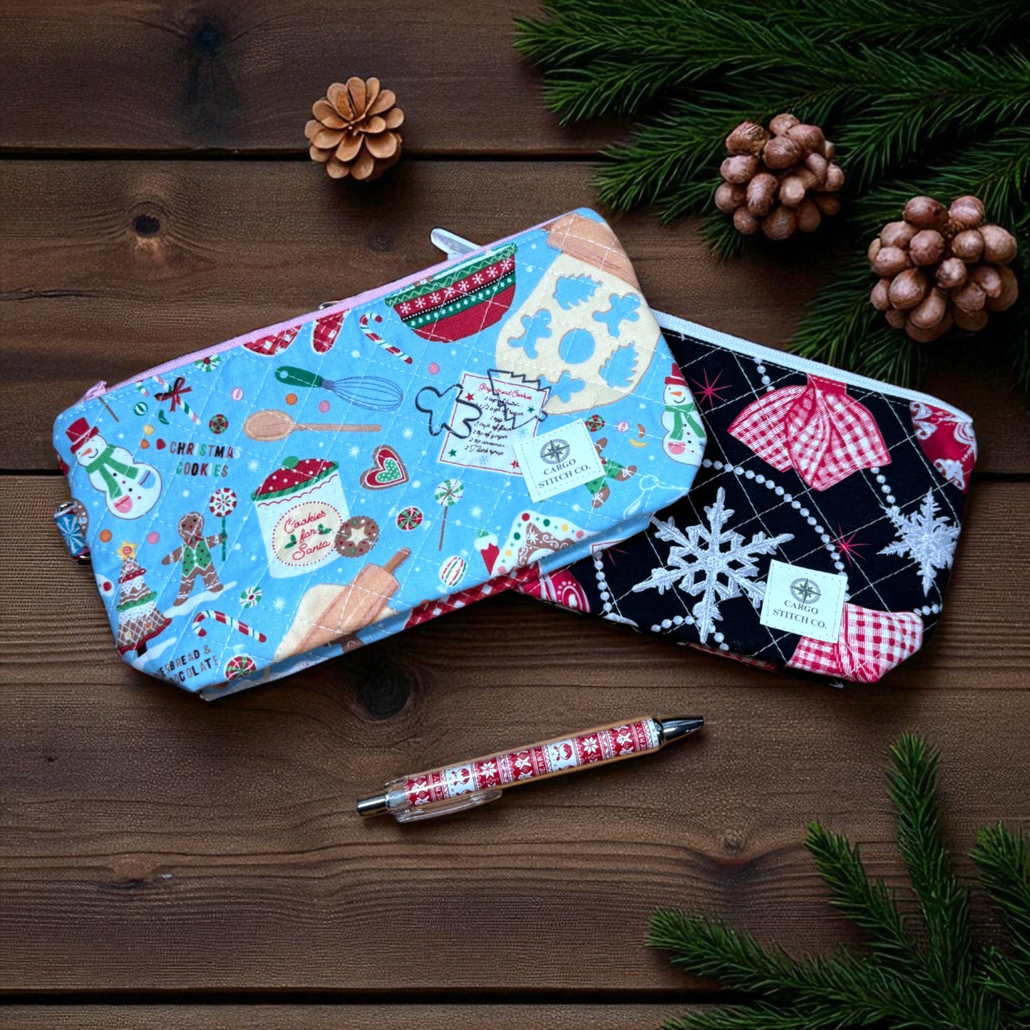 Christmas Zipper Pouch Set – 2 Quilted Bags with Pockets – Gingerbread Baking + Black Ornament – Handmade Gift by Cargo Stitch Co.