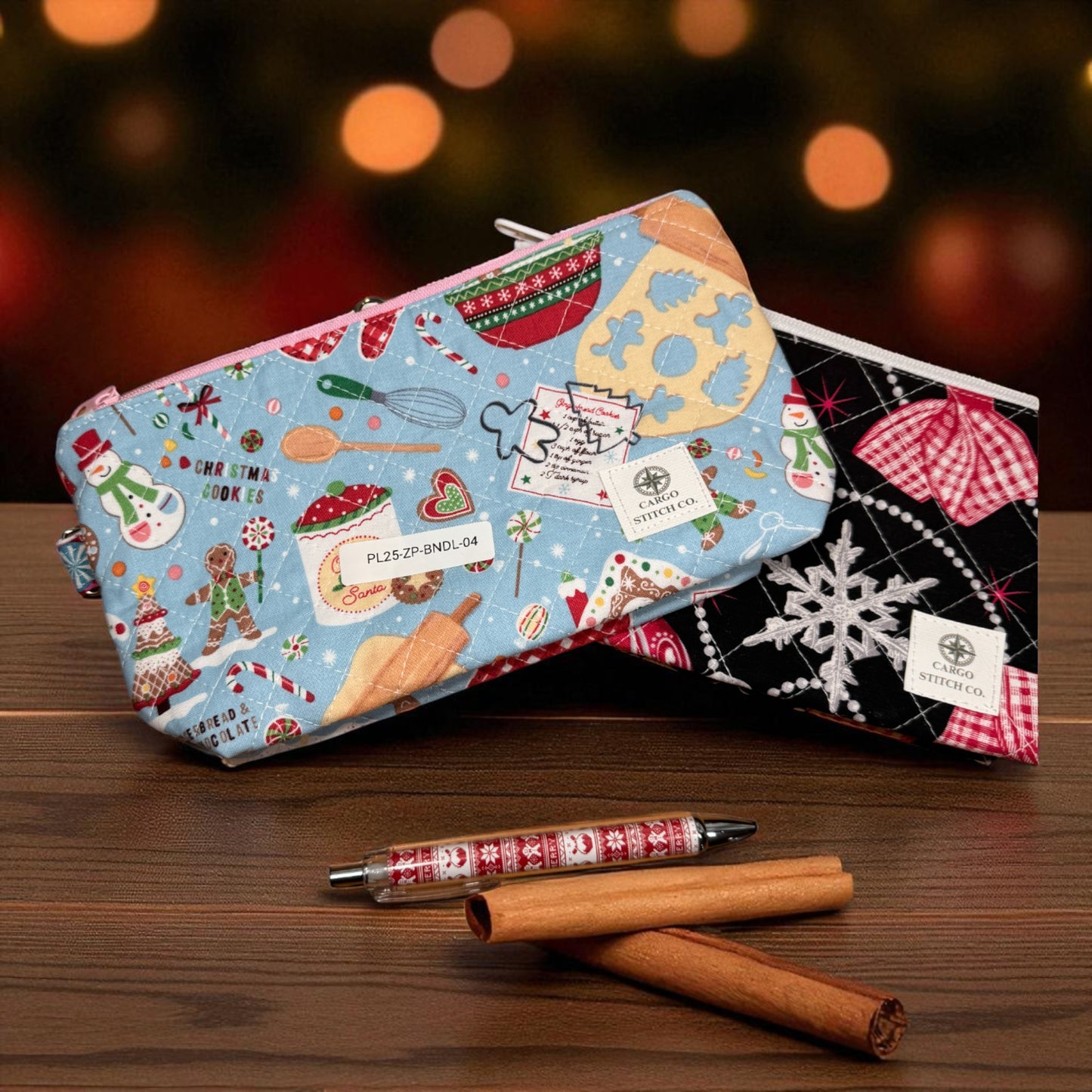 Christmas Zipper Pouch Set – 2 Quilted Bags with Pockets – Gingerbread Baking + Black Ornament – Handmade Gift by Cargo Stitch Co.
