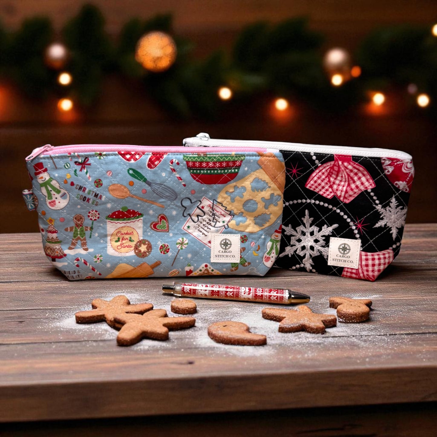 Christmas Zipper Pouch Set – 2 Quilted Bags with Pockets – Gingerbread Baking + Black Ornament – Handmade Gift by Cargo Stitch Co.