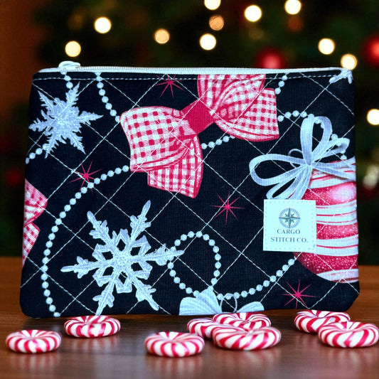 Black Quilted Zipper Pouch – Peppermint Lane 2025 | Holiday Glam Everyday Carry Bag | Cargo Stitch Co. | Handmade Gift or Purse Organizer