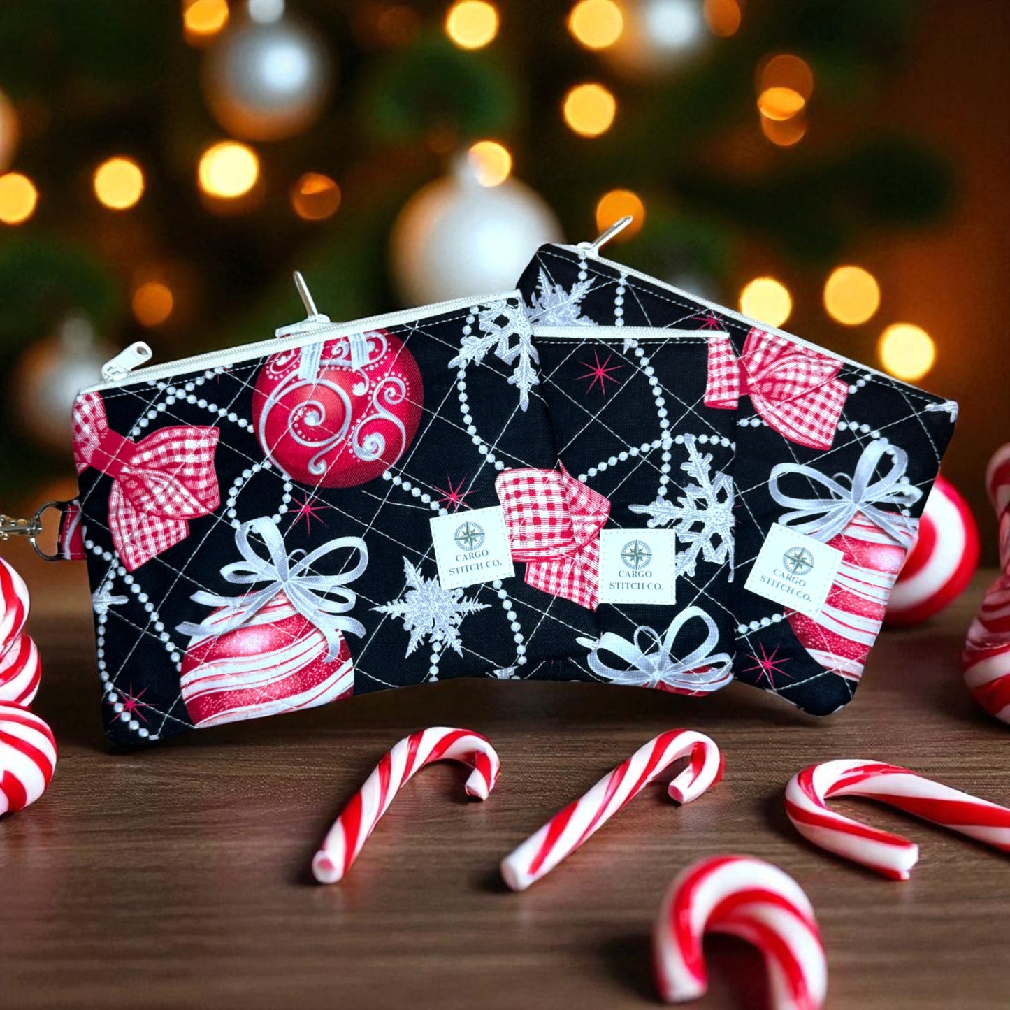 Black Quilted Zipper Pouch – Peppermint Lane 2025 | Holiday Glam Everyday Carry Bag | Cargo Stitch Co. | Handmade Gift or Purse Organizer