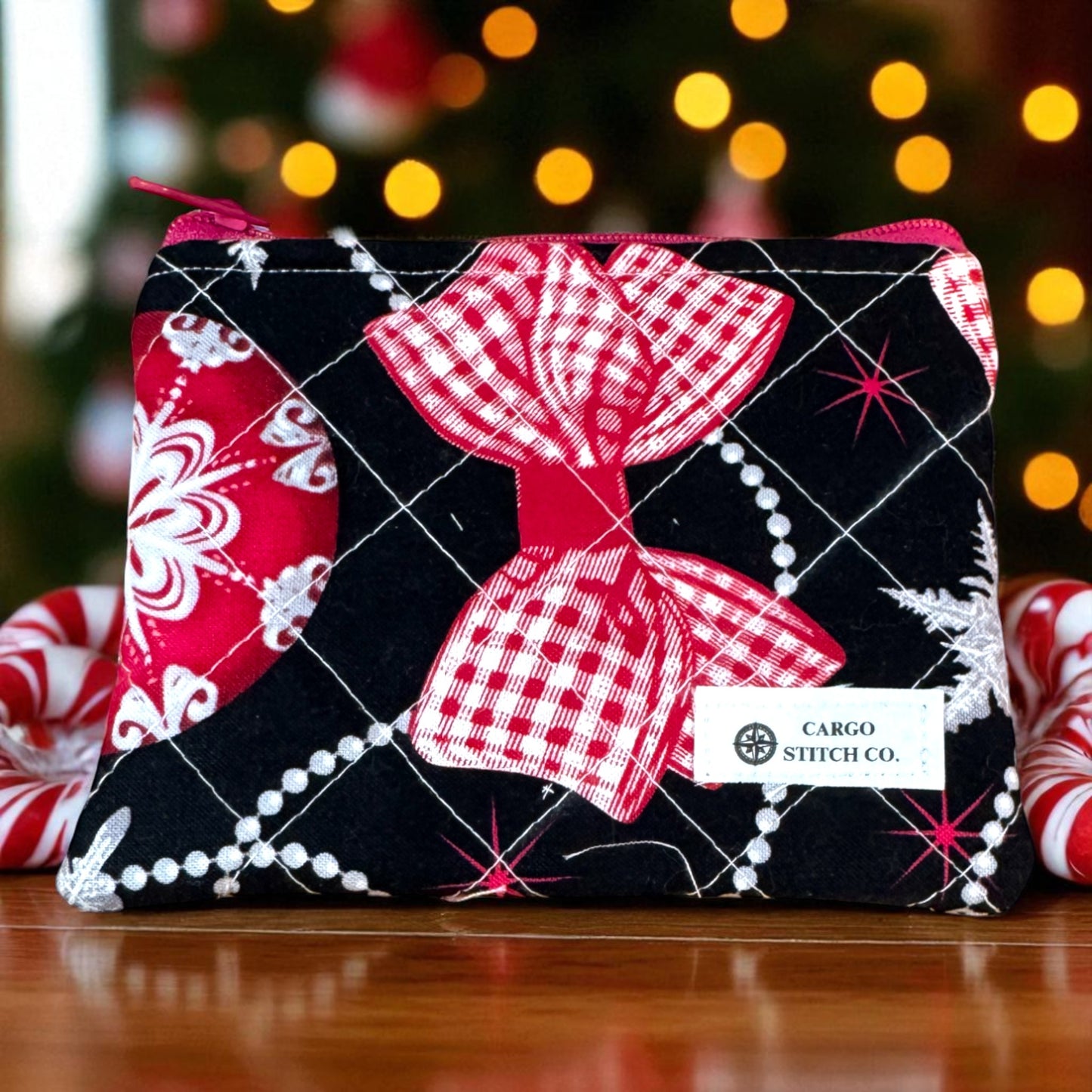 Black Quilted Wide Zipper Pouch – Peppermint Lane 2025 | Handmade 8×4 Bag | Everyday Carry Holiday Organizer | Cargo Stitch Co.