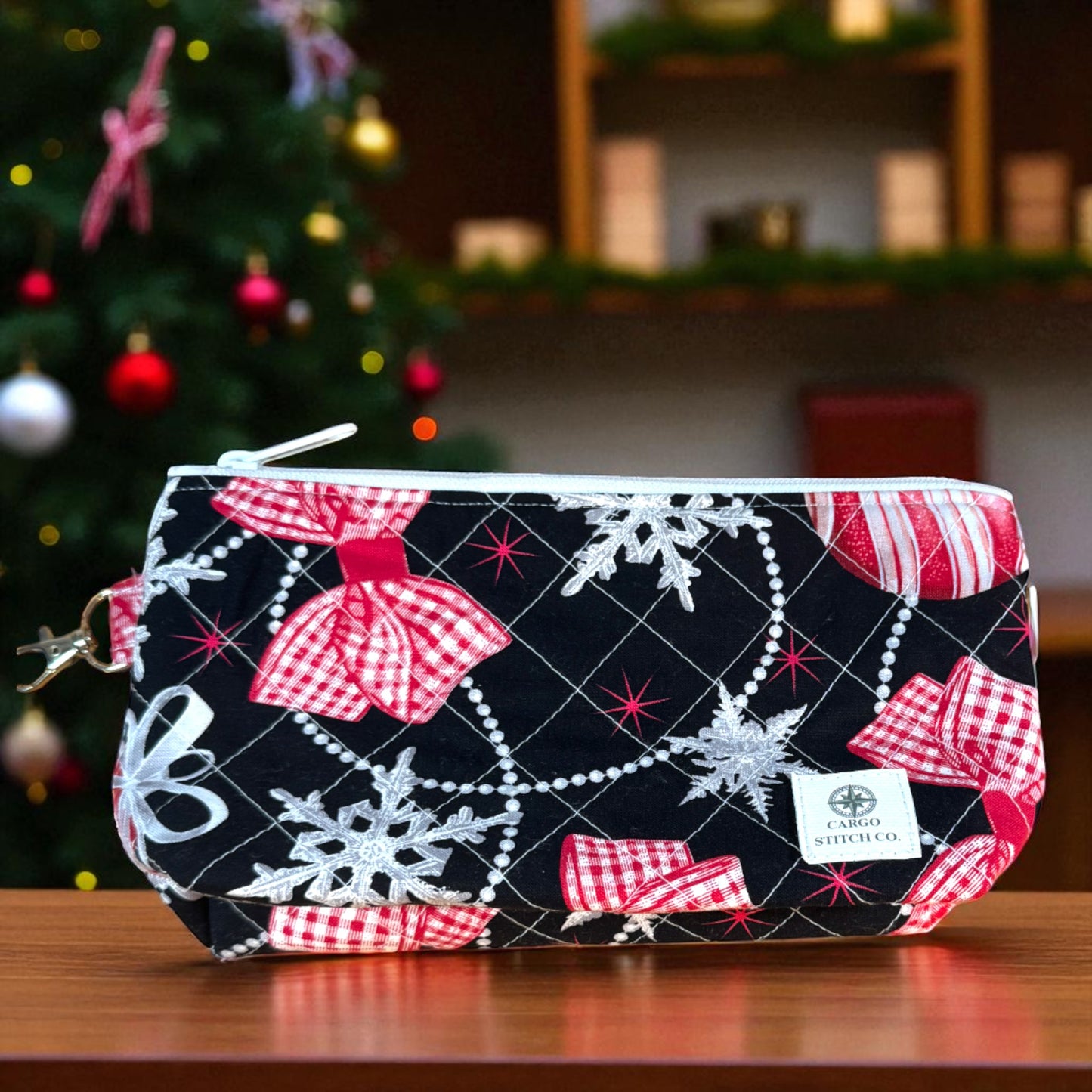 Black Quilted Wide Zipper Pouch – Peppermint Lane 2025 | Handmade 8×4 Bag | Everyday Carry Holiday Organizer | Cargo Stitch Co.