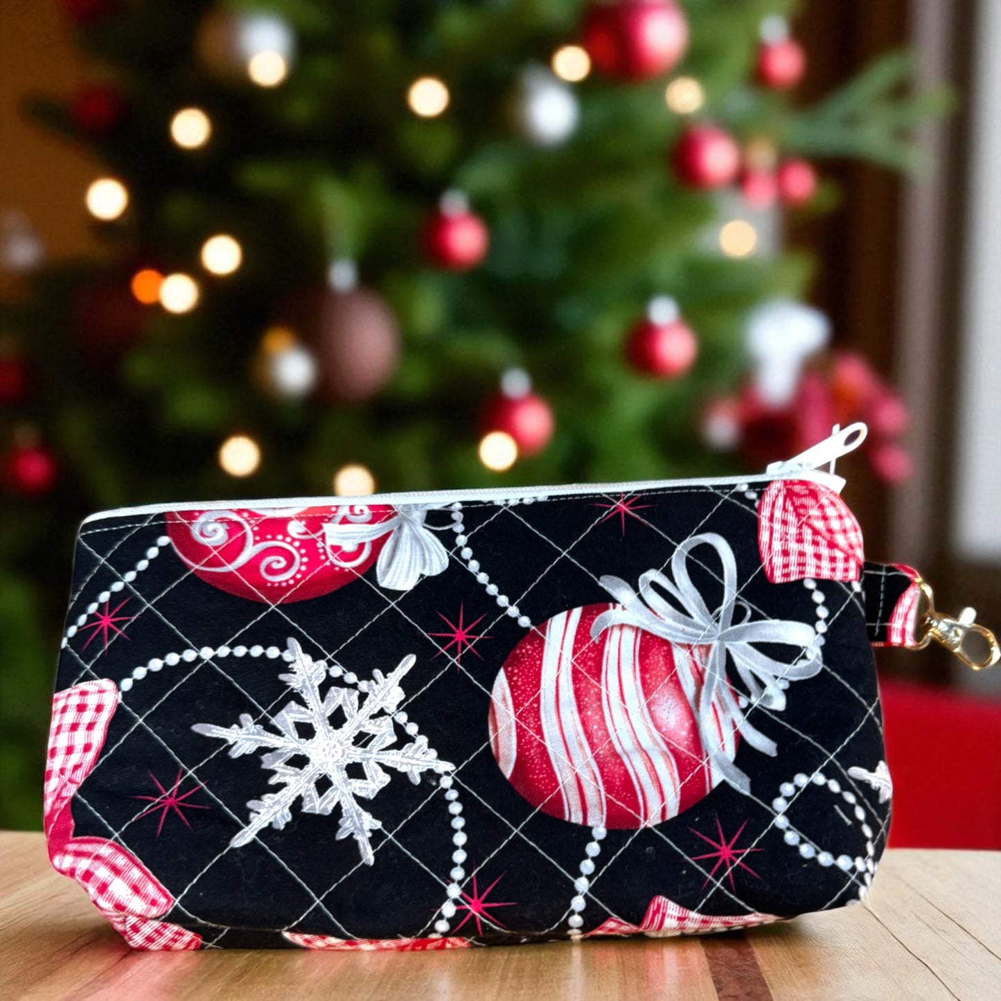 Black Quilted Wide Zipper Pouch – Peppermint Lane 2025 | Handmade 8×4 Bag | Everyday Carry Holiday Organizer | Cargo Stitch Co.