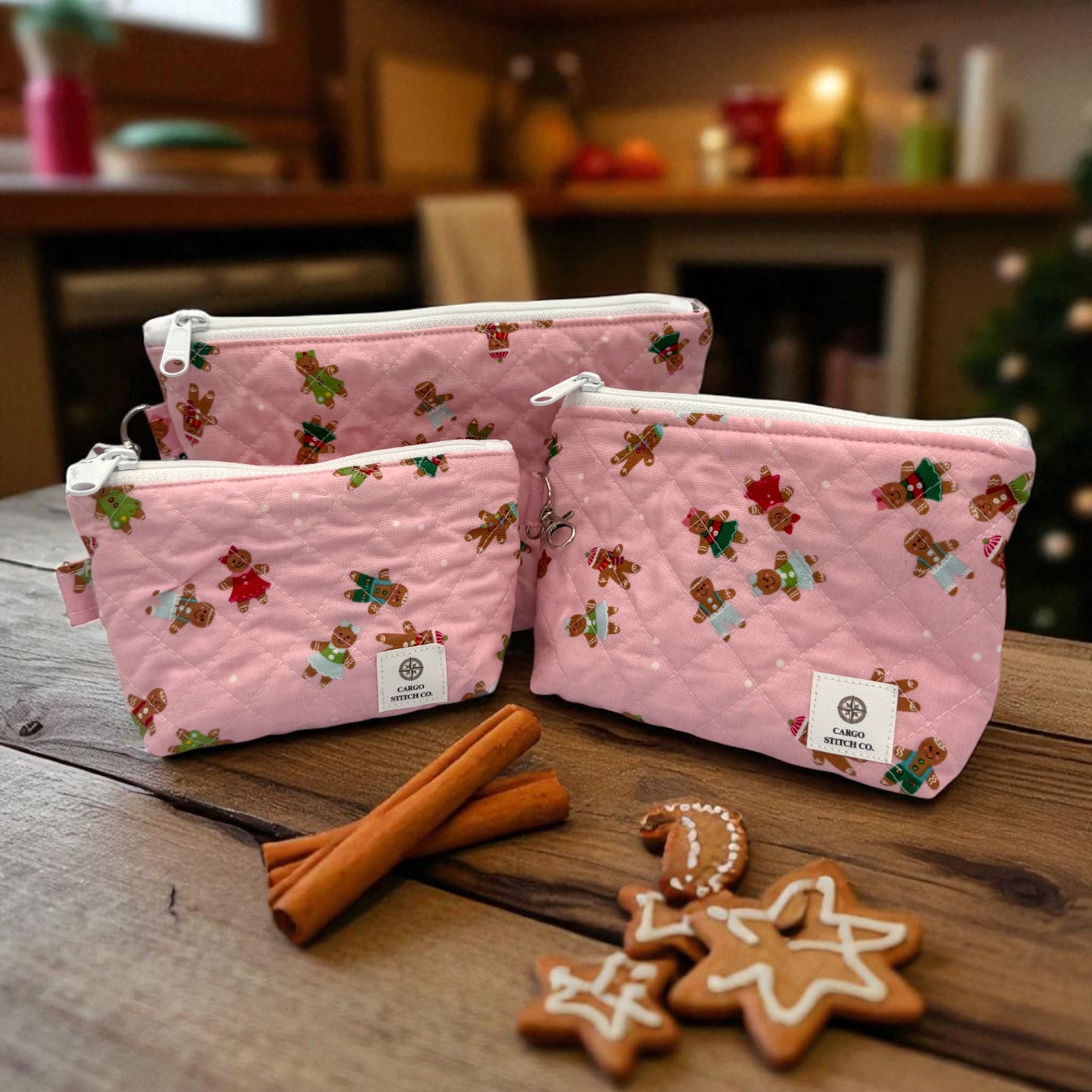 Medium Quilted Zipper Pouch – 7x5x2 Pink Gingerbread Makeup Bag – Handmade Christmas Organizer by Cargo Stitch Co.
