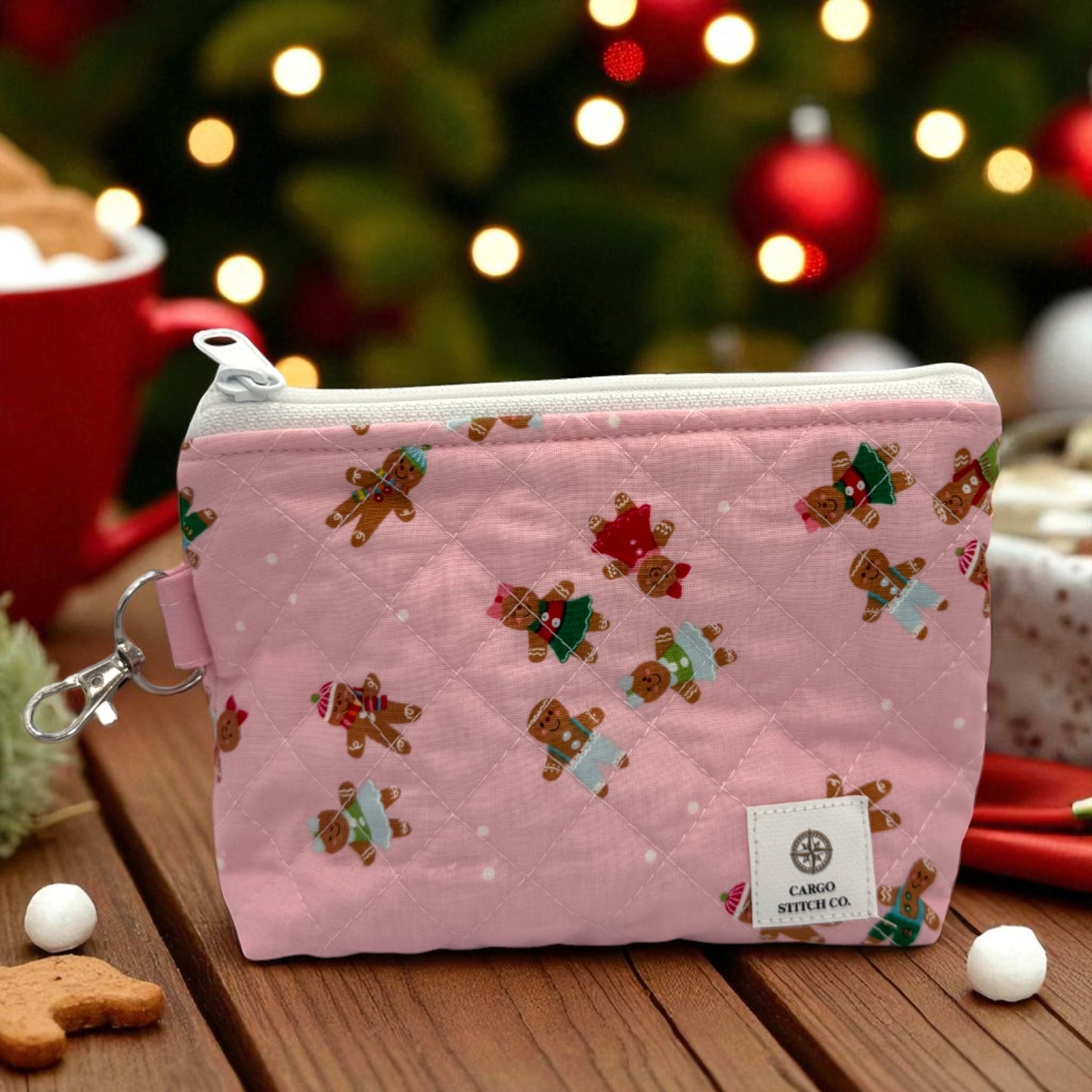 Medium Quilted Zipper Pouch – 7x5x2 Pink Gingerbread Makeup Bag – Handmade Christmas Organizer by Cargo Stitch Co.