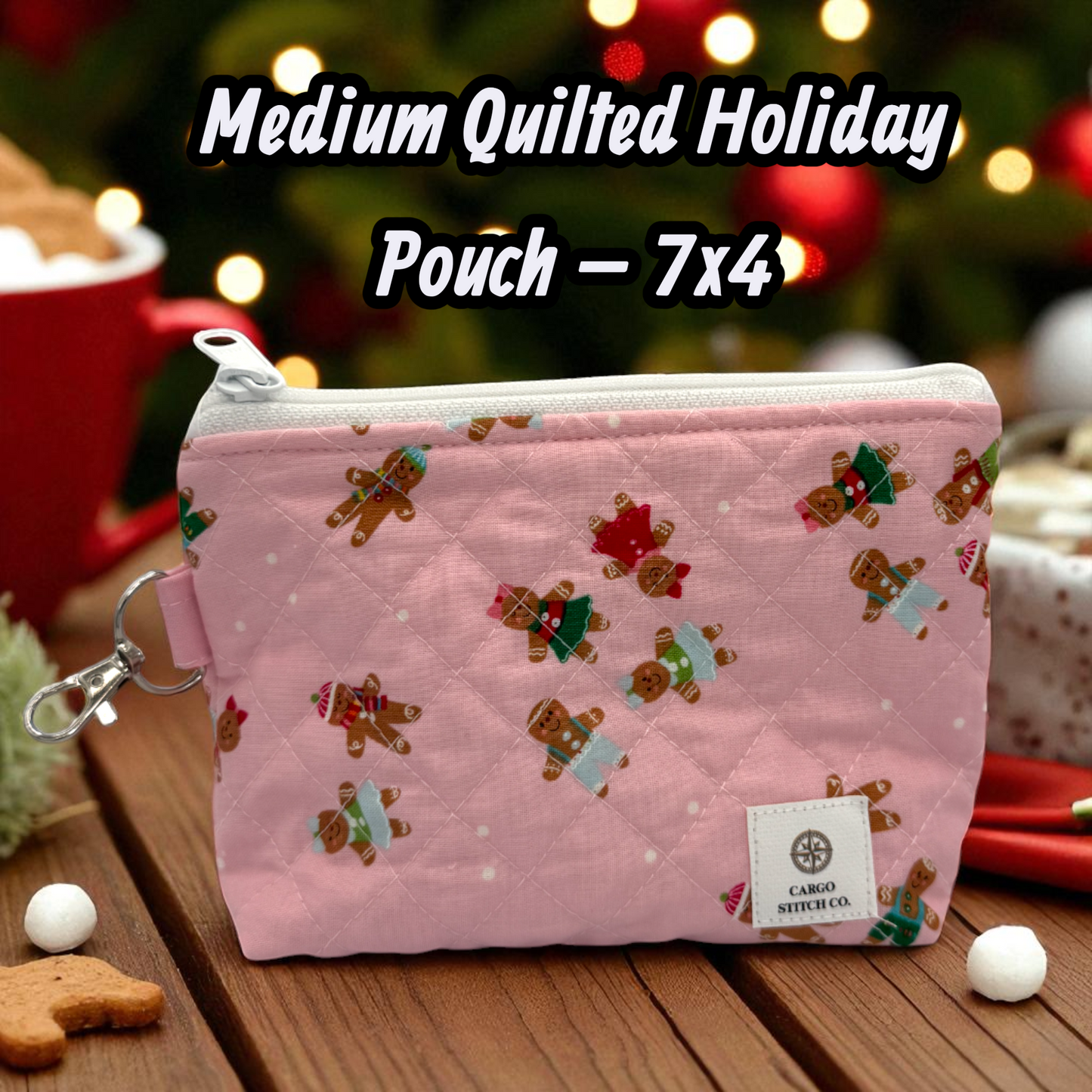 Medium Quilted Zipper Pouch – 7x5x2 Pink Gingerbread Makeup Bag – Handmade Christmas Organizer by Cargo Stitch Co.