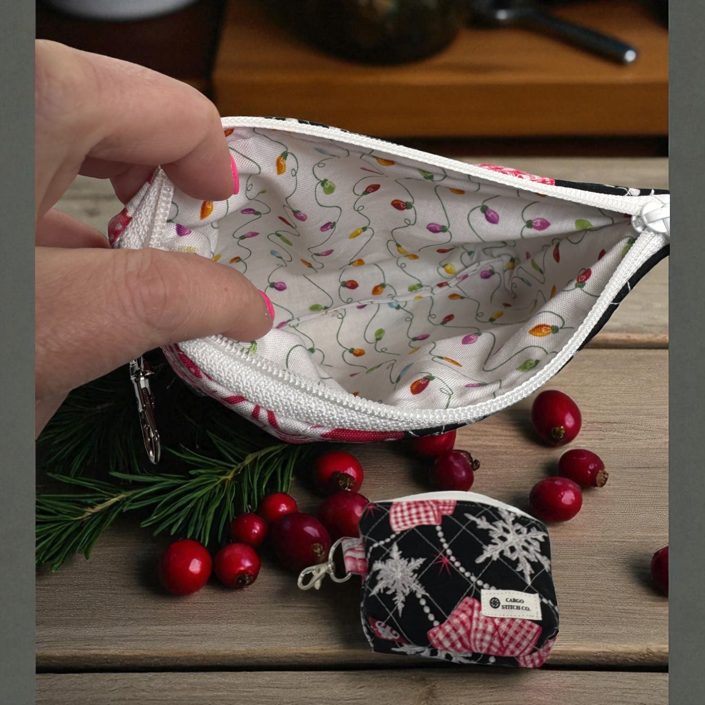 Medium Quilted Zipper Pouch – 7x5x2 Pink Gingerbread Makeup Bag – Handmade Christmas Organizer by Cargo Stitch Co.