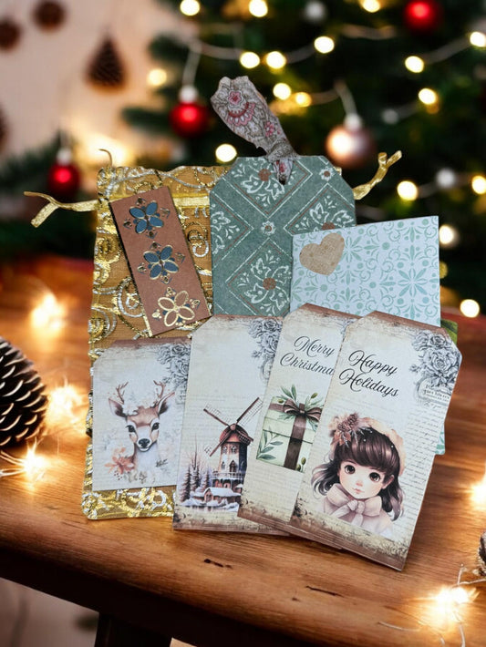 Loaded Green Christmas Junk Journal Tags | Triple Pocket Tag | Mini Notebook |  Ephemera Storage | Holiday Gift Giving | Teacher/Office Gift