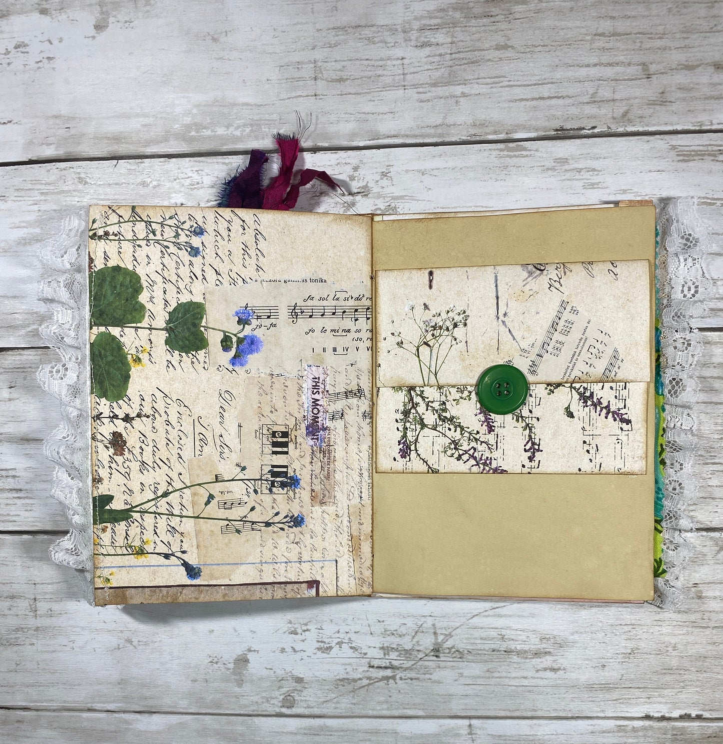 Grungy Photo Time Junk Journal | B6 Scrapbook Planner | Handmade Lace Trim Writing Notebook | Pockets, Tags & Journaling Cards