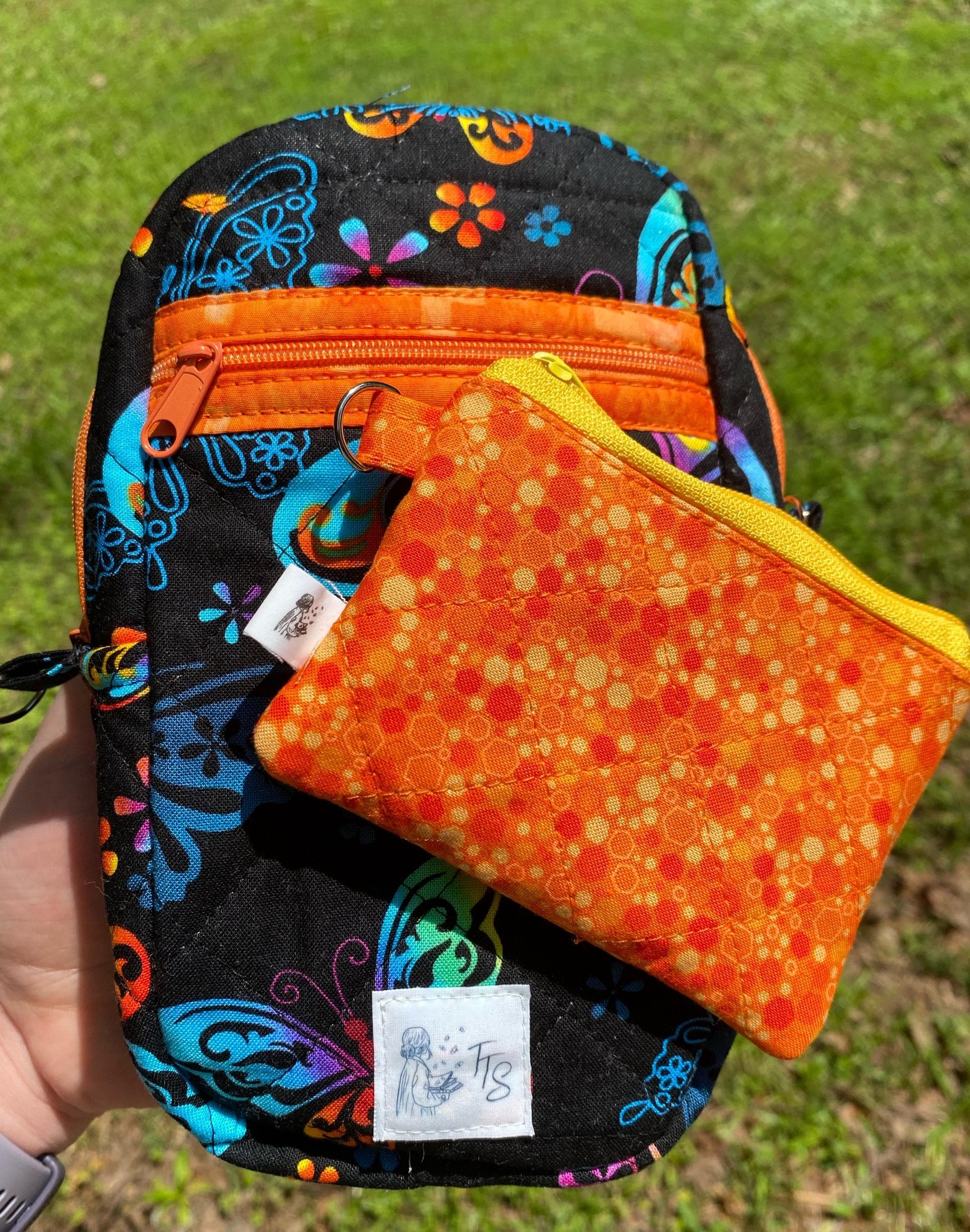 Handmade Butterfly Purse – Small Black Crossbody Bag with Adjustable Strap and Orange Coin Pouch, Cargo Stitch Collection