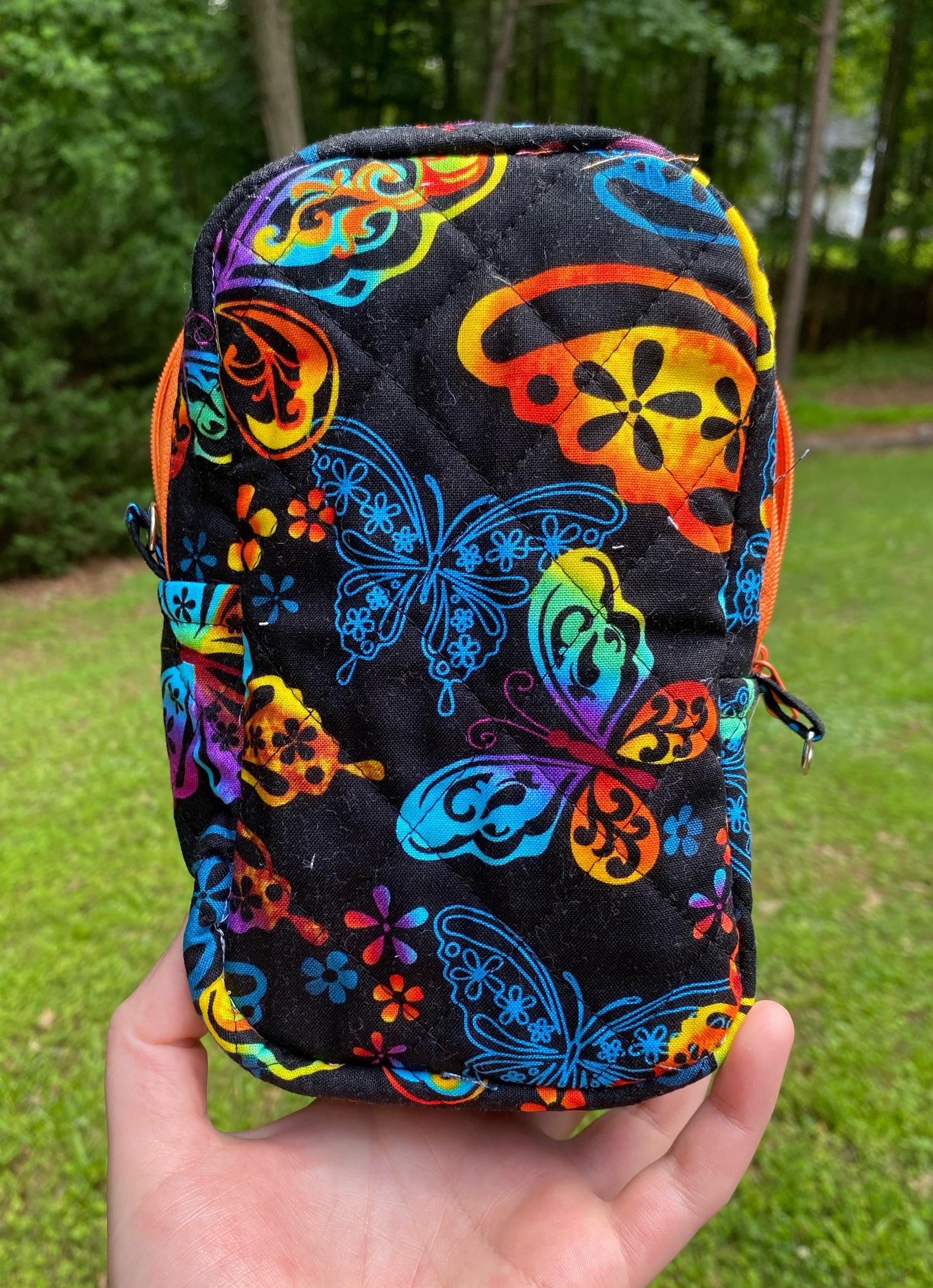 Handmade Butterfly Purse – Small Black Crossbody Bag with Adjustable Strap and Orange Coin Pouch, Cargo Stitch Collection
