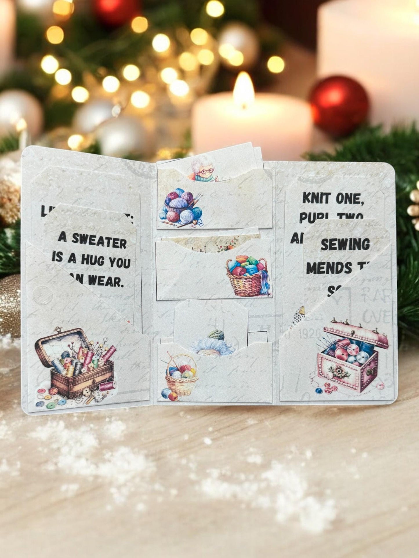 Knitting Is Like Love Junk Journal | Ugly Sweater Inspired Folio | Handmade Patchwork Art Journal | Small Yarn Folio Book Gift for Mom