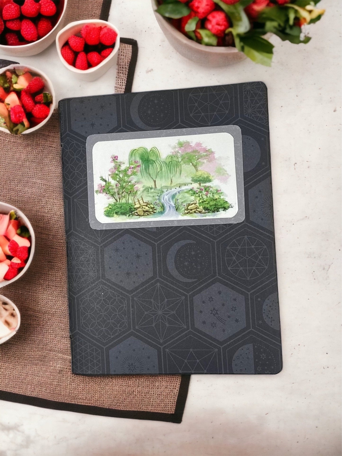 Healing Garden Journal – Celestial Grid Notebook with Watercolor Label | Faith & Restoration Series | Handmade Prayer or Reflection Notebook