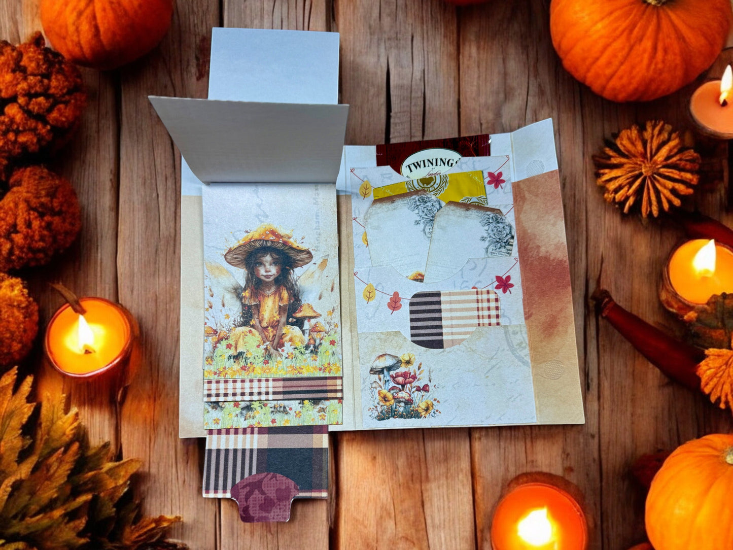 Fairy Autumn Vibes Gift Card Holder, Tea Gift, Junk Journal, Folio, Interactive Waterfall, 4 Layered Pockets, Fall Ephemera, Mushrooms
