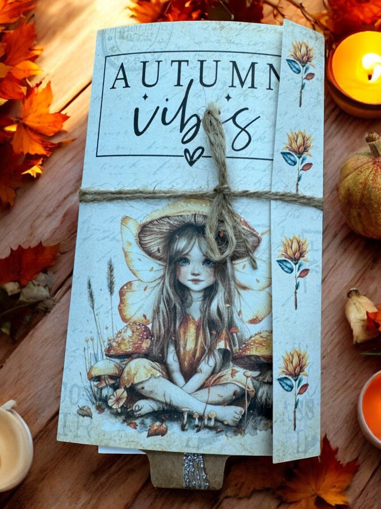 Fairy Autumn Vibes Gift Card Holder, Tea Gift, Junk Journal, Folio, Interactive Waterfall, 4 Layered Pockets, Fall Ephemera, Mushrooms