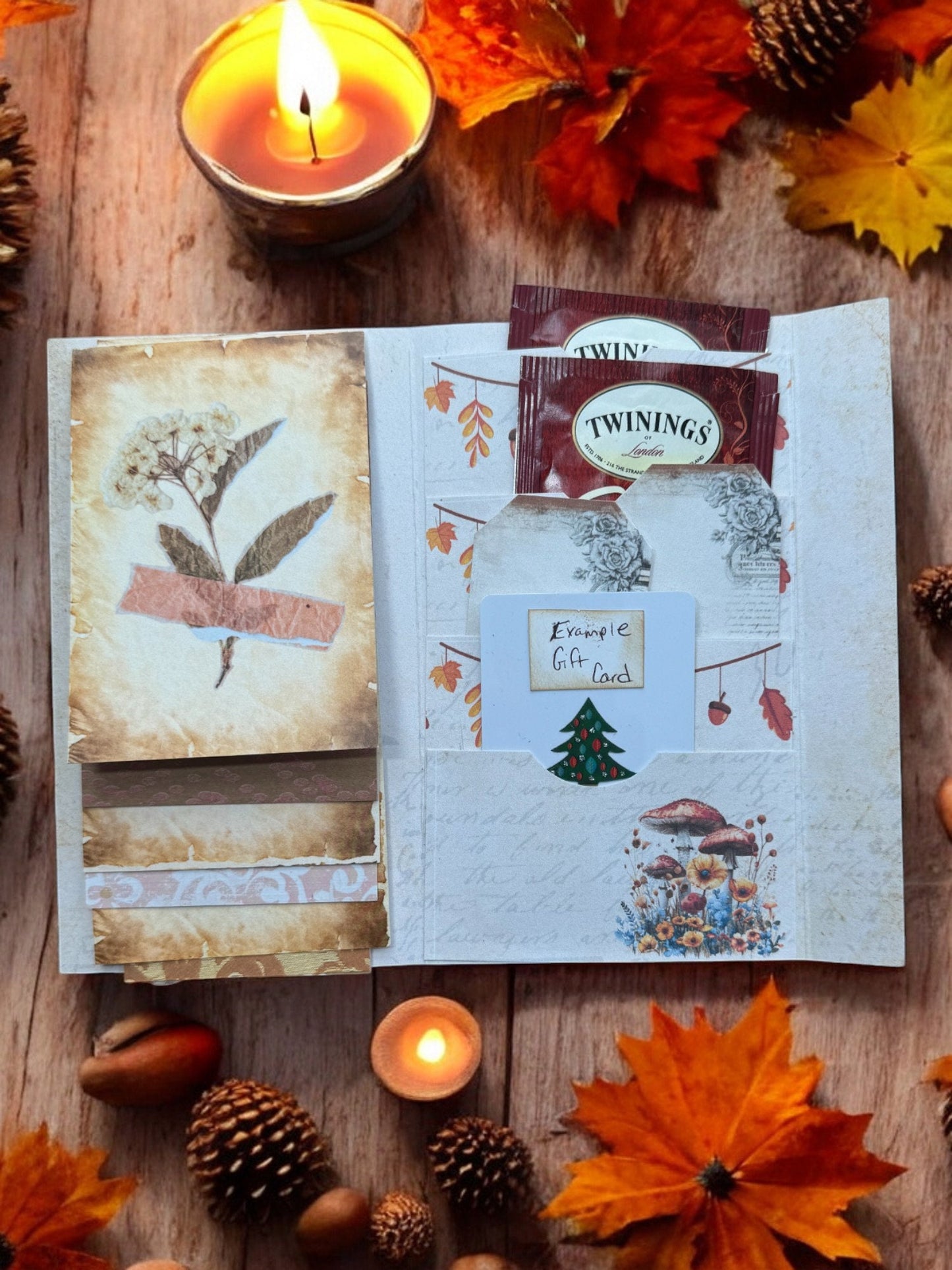 Fairy Autumn Vibes Gift Card Holder, Tea Gift, Junk Journal, Folio, Interactive Waterfall, 4 Layered Pockets, Fall Ephemera, Mushrooms