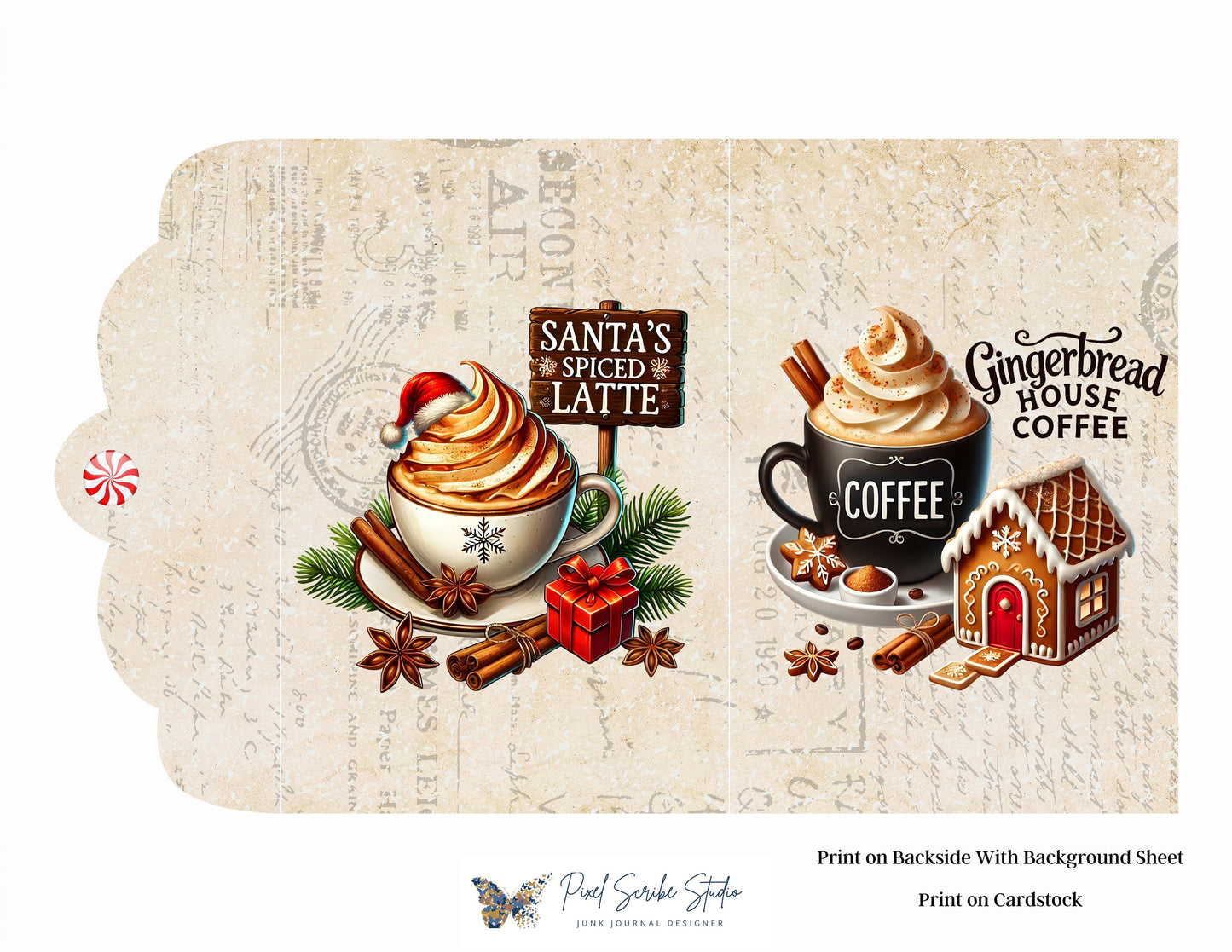 Santa's Latte Printable Folio Gift Card Holder Kit, Cozy Christmas Junk Journal Folio, Tea Bag Holder, Gift Card Pocket, Holiday Ephemera