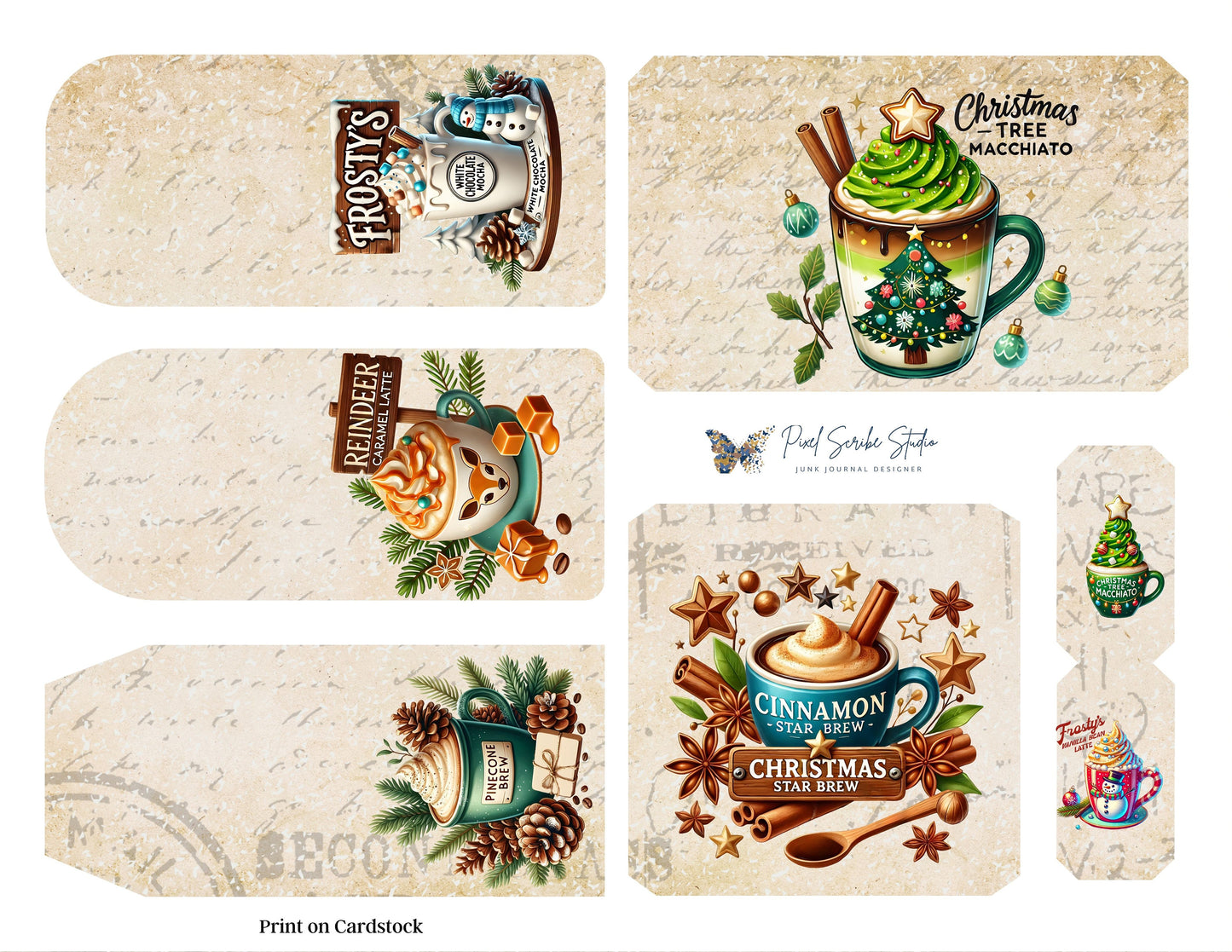Santa's Latte Printable Folio Gift Card Holder Kit, Cozy Christmas Junk Journal Folio, Tea Bag Holder, Gift Card Pocket, Holiday Ephemera