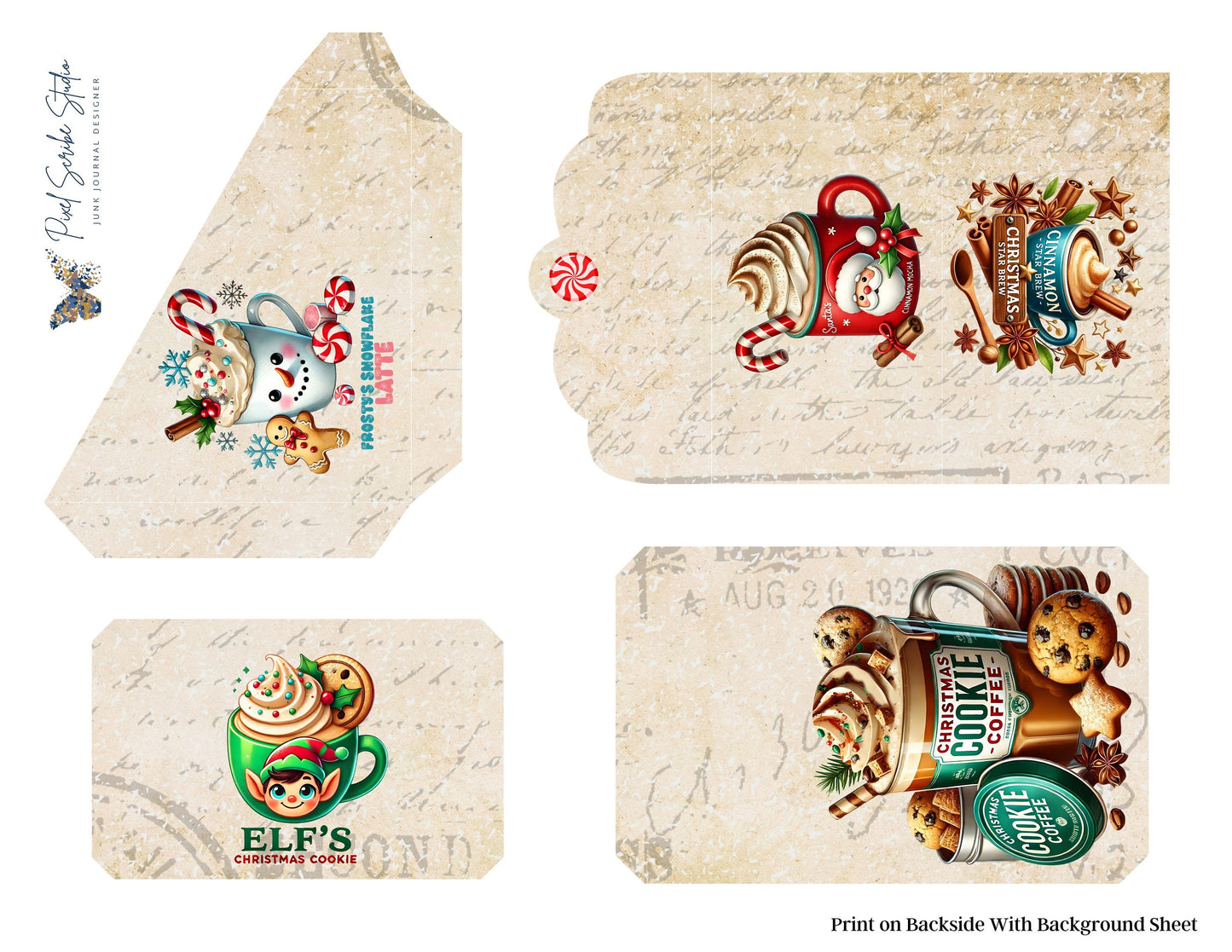 Santa's Latte Printable Folio Gift Card Holder Kit, Cozy Christmas Junk Journal Folio, Tea Bag Holder, Gift Card Pocket, Holiday Ephemera