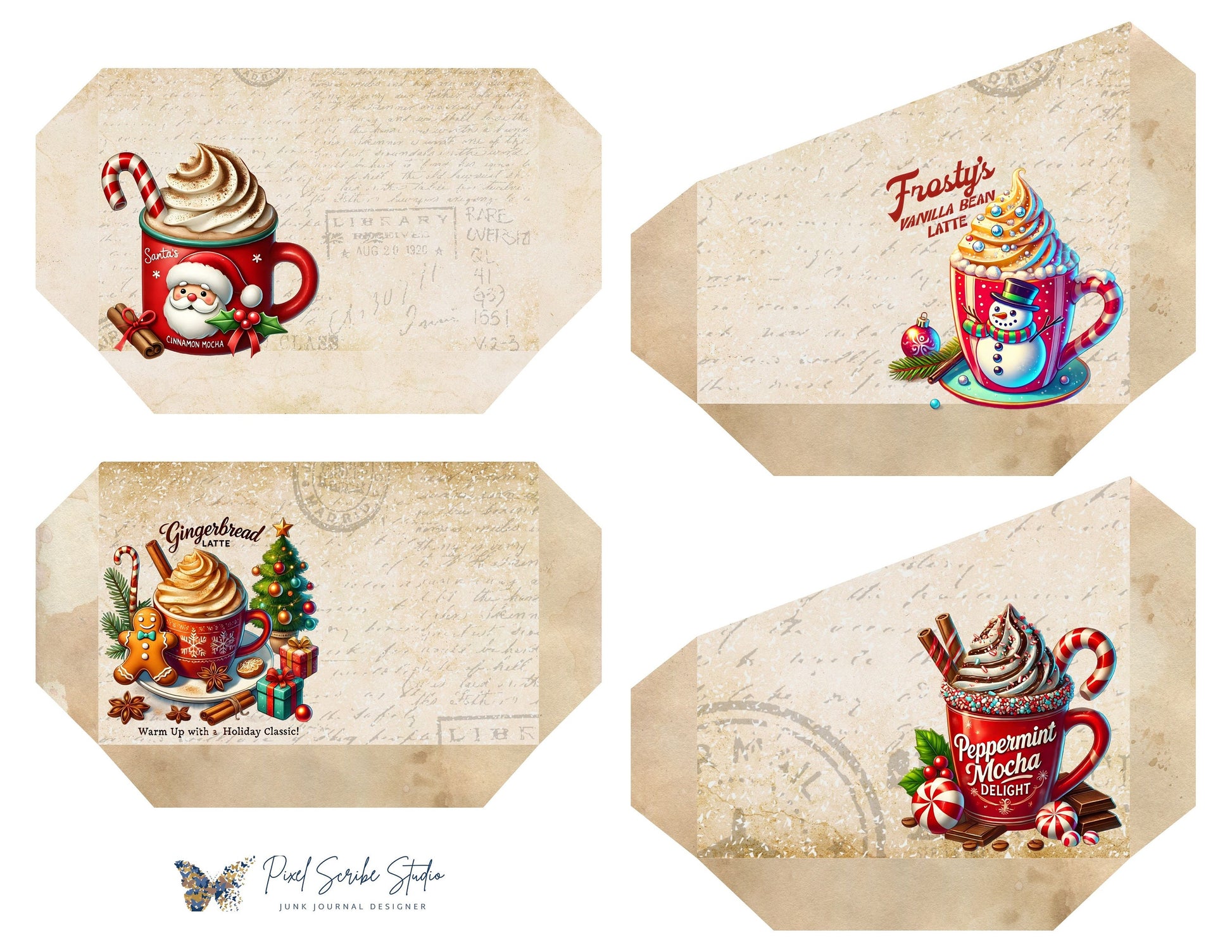 Santa's Latte Printable Folio Gift Card Holder Kit, Cozy Christmas Junk Journal Folio, Tea Bag Holder, Gift Card Pocket, Holiday Ephemera