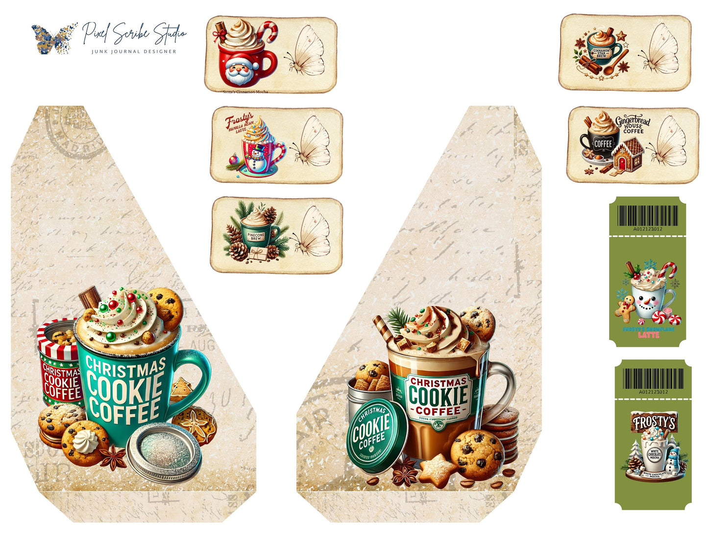 Santa's Latte Printable Folio Gift Card Holder Kit, Cozy Christmas Junk Journal Folio, Tea Bag Holder, Gift Card Pocket, Holiday Ephemera